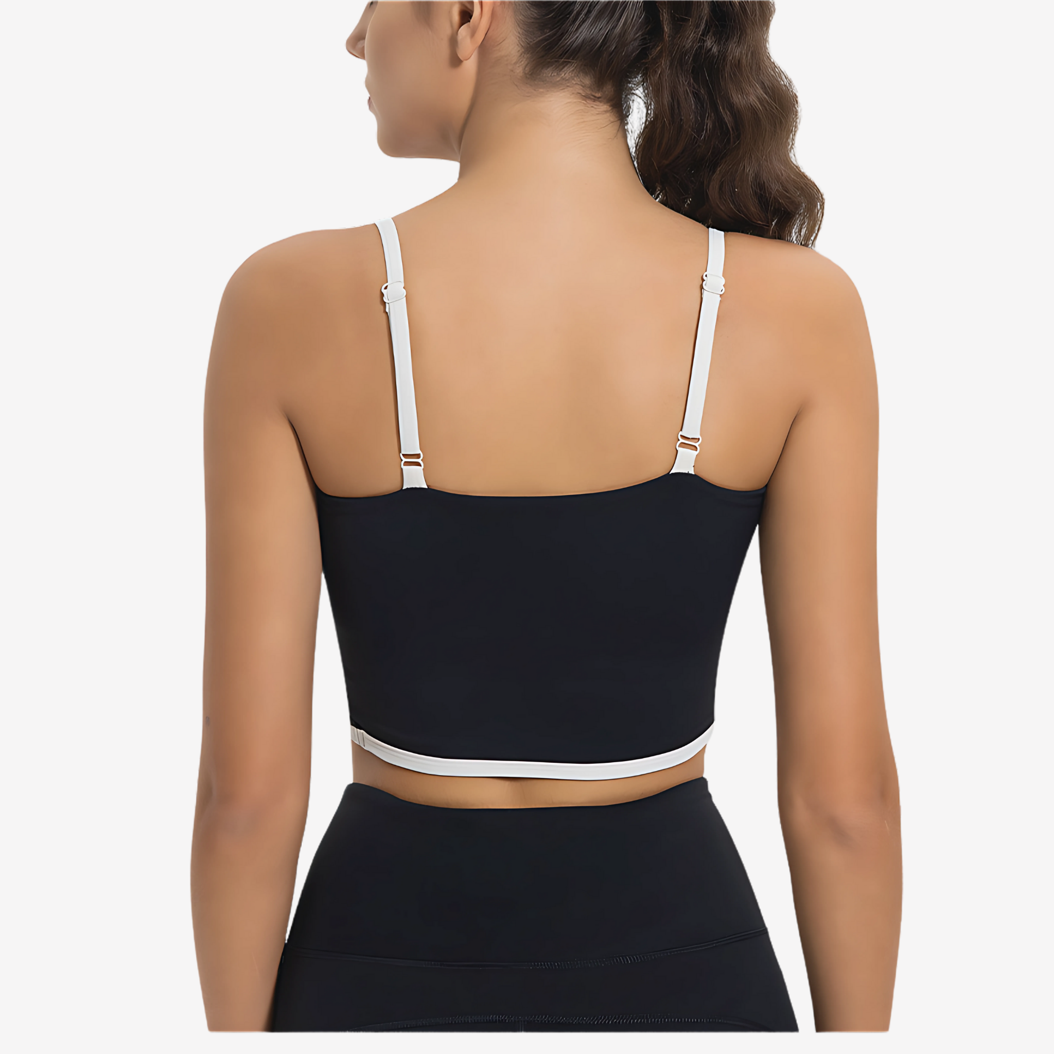 Back View of Model wearing Black square neck cropped top with contrast piping and adjustable straps