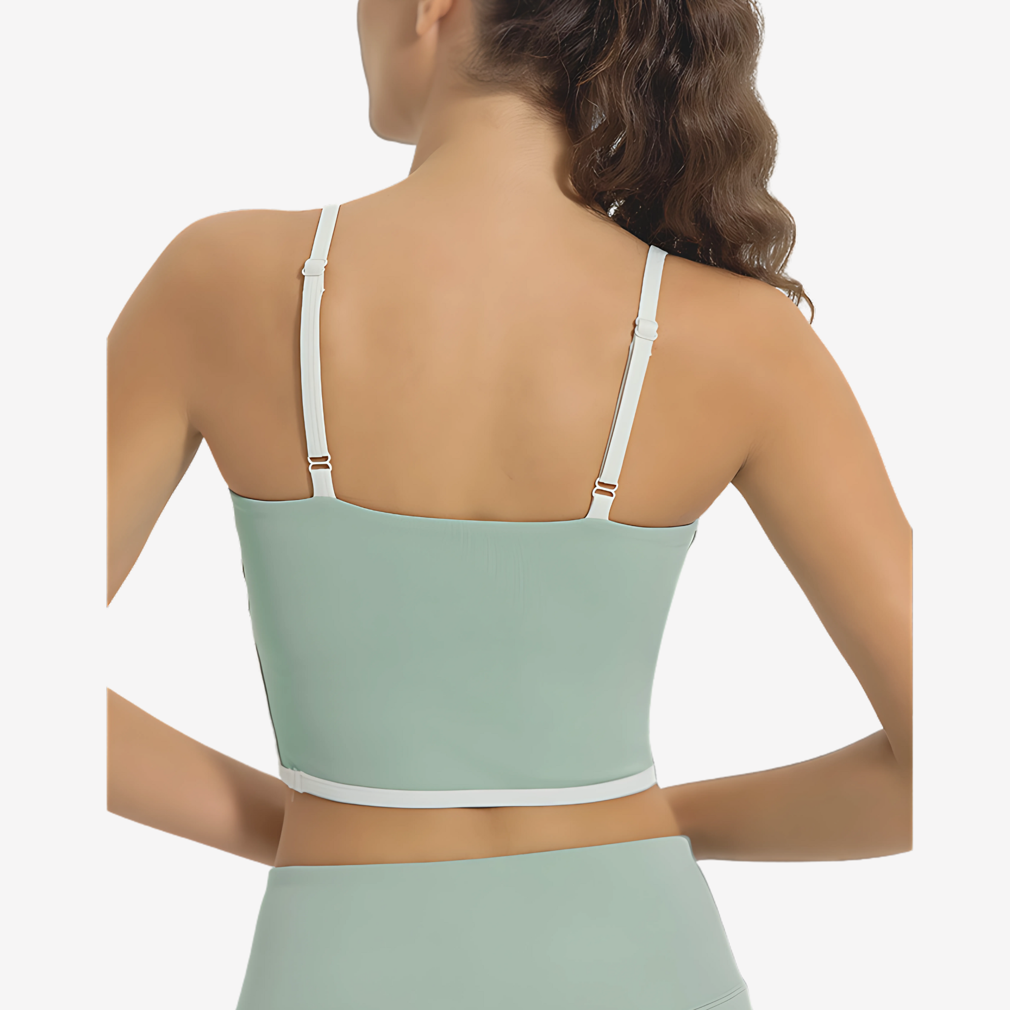Back View of Model wearing Mint Green Square Neck Corset Top by Intyra. With contrast piping and premium stretch fabric, this chic crop top offers style, comfort, and a flattering fit.