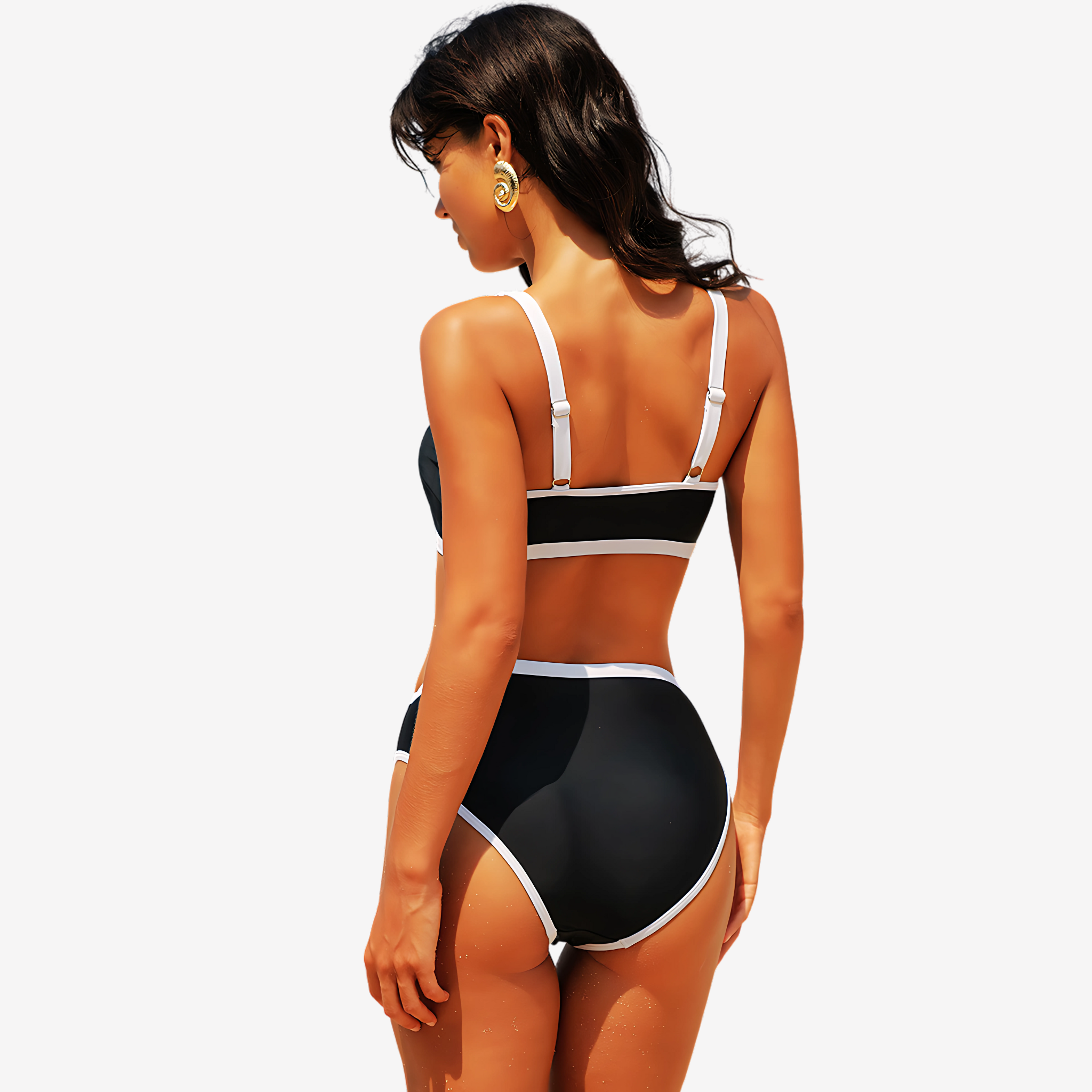 Back View of Model wearing Black Bikini Set by Intyra. Featuring white piping, high-rise bottoms & quick-drying fabric, this two-piece swimwear is perfect for poolside adventure.