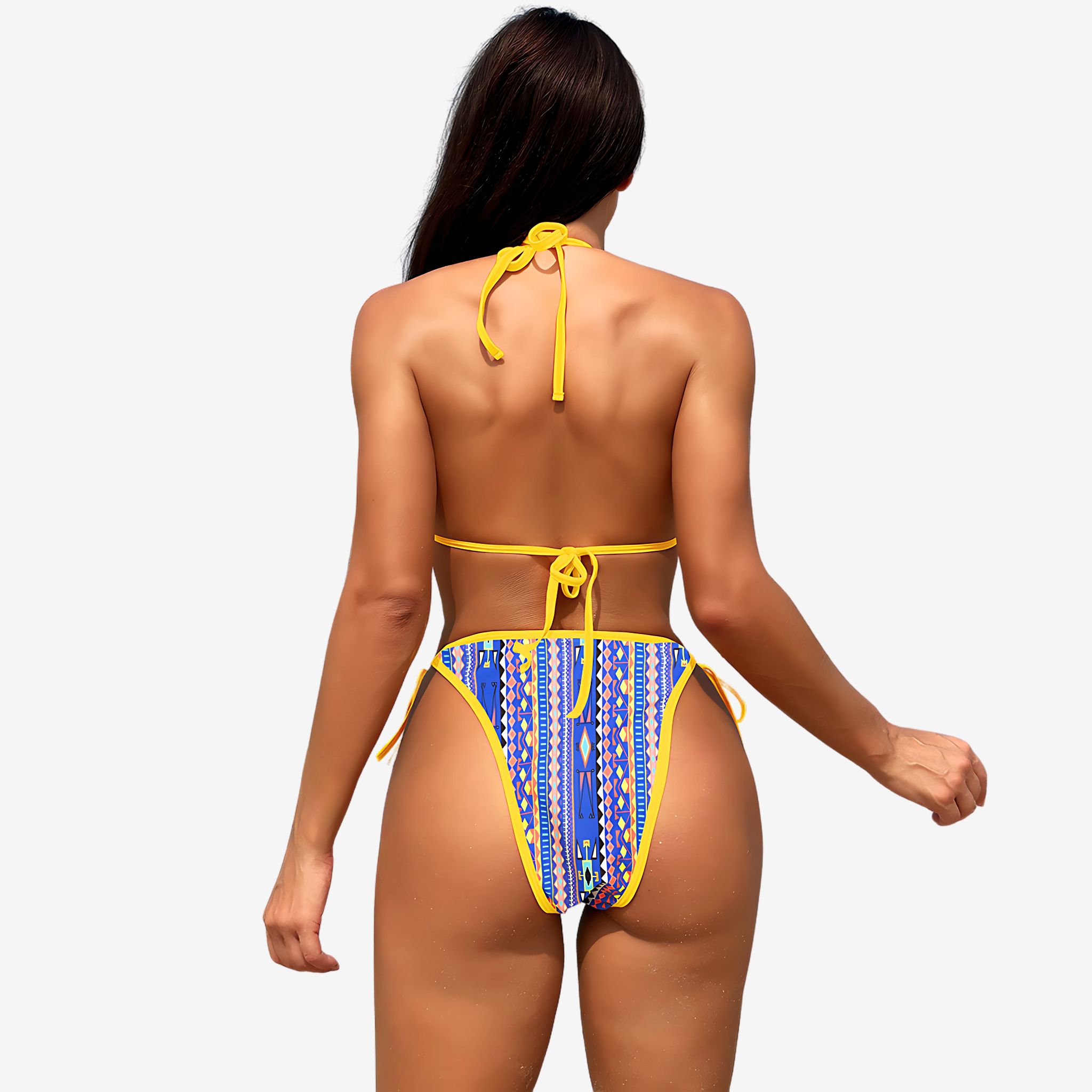 Back View of Model wearing Tribal Bikini Set | Women's high-waisted two-piece swimwear in bold yellow and blue, featuring adjustable halter, side ties, and quick-drying fabric.