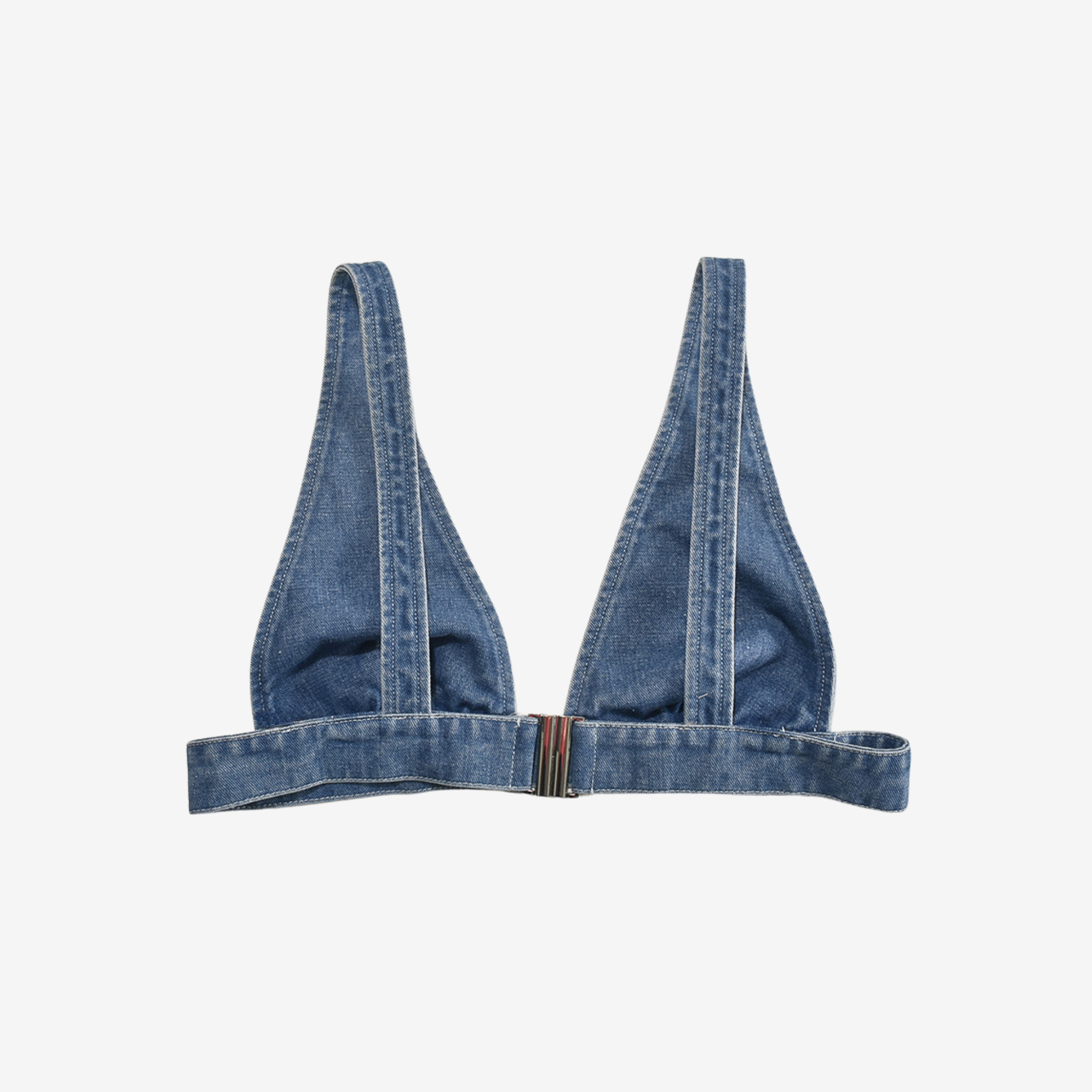 Luxury Denim Corset Bra Top – Structured denim bustier with V-neckline and structured seams