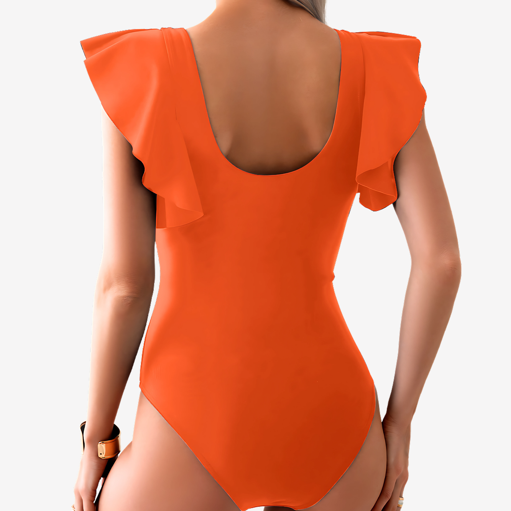 Back View of Model wearing Orange one-piece swimsuit with a wrap-front design and ruffled sleeves.