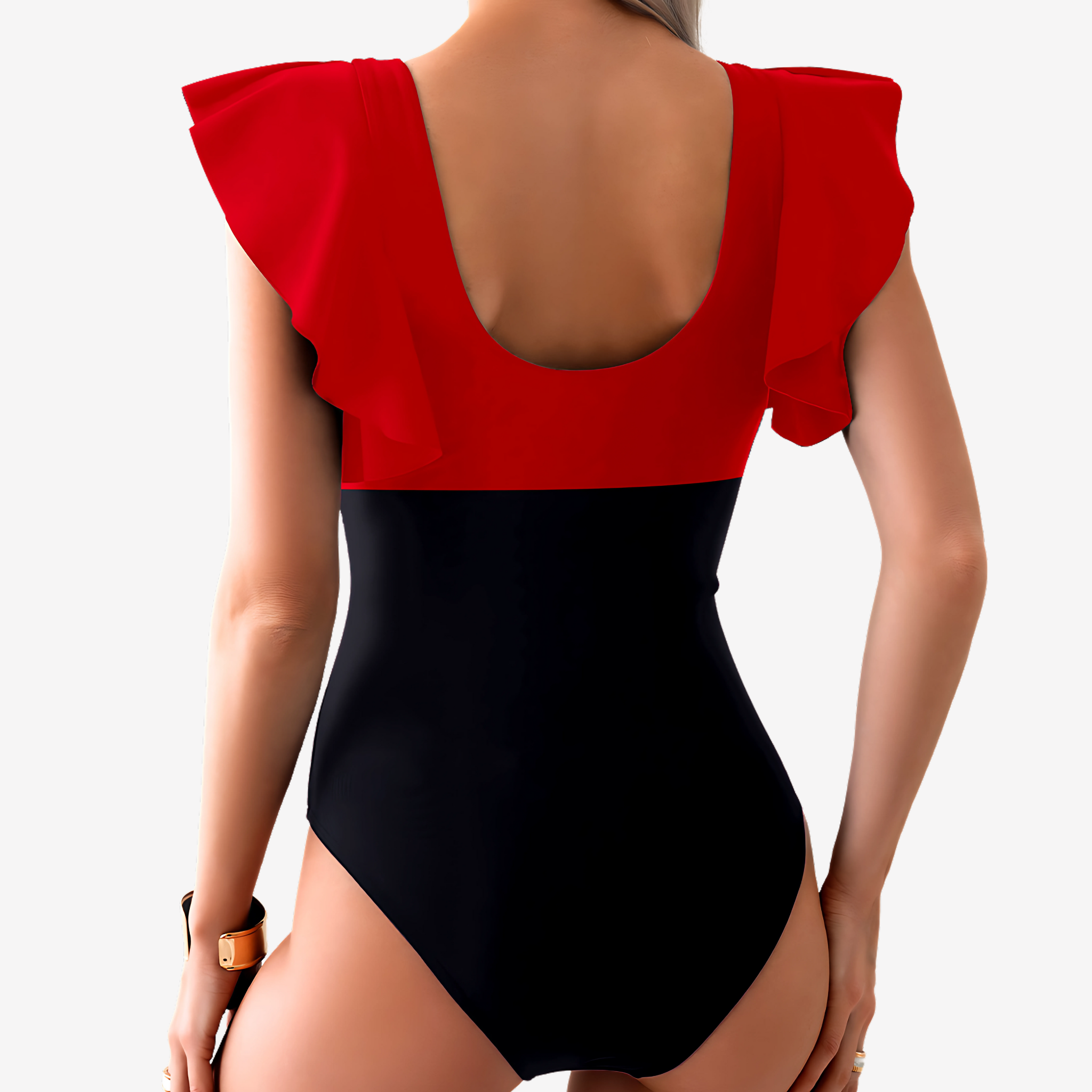 Back View of Model wearing Two-tone one-piece swimsuit featuring a bold red & black, ruffled sleeves & a flattering fit.