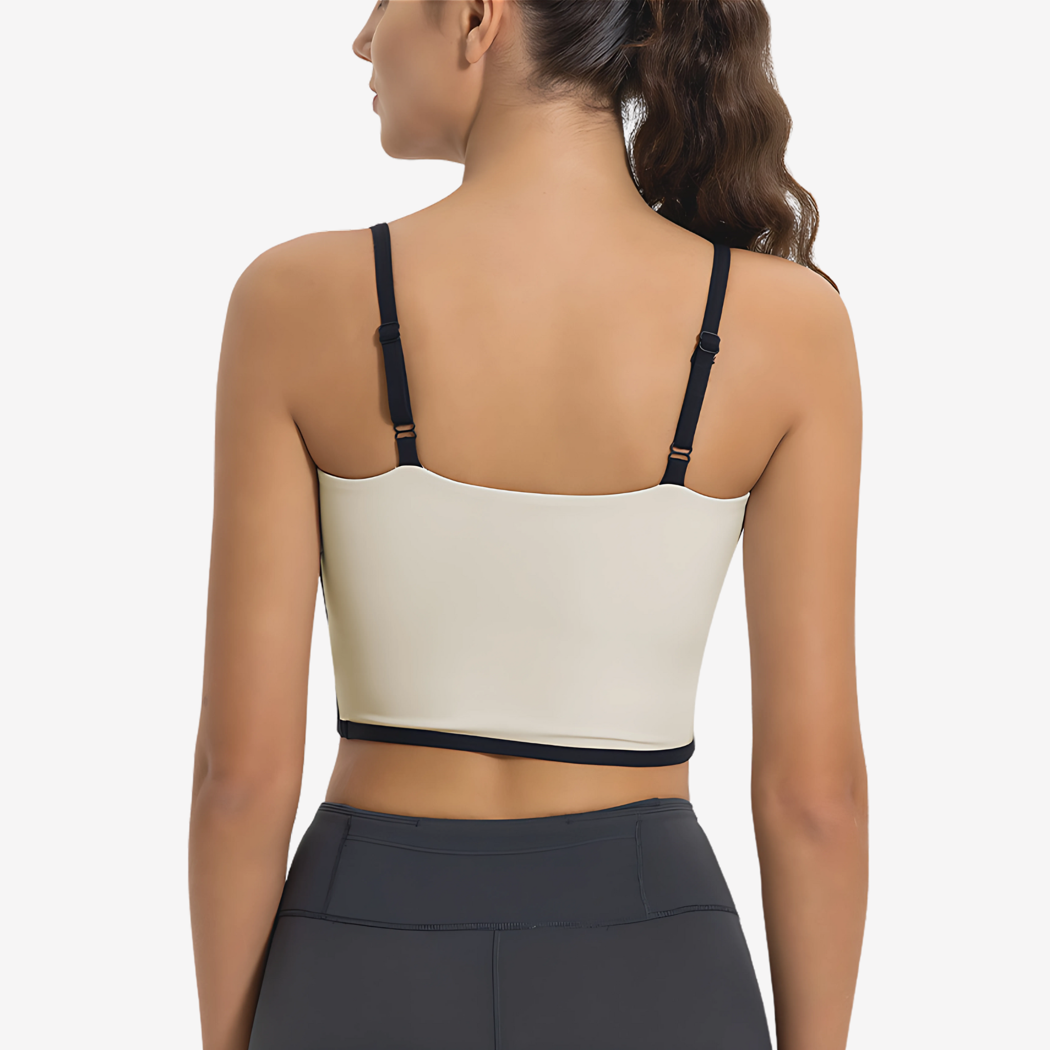 Back View of Model wearing in White Square Neck Corset Top by Intyra, designed with contrast piping, premium stretch fabric, and a flattering fit, perfect for workouts or casual wear.