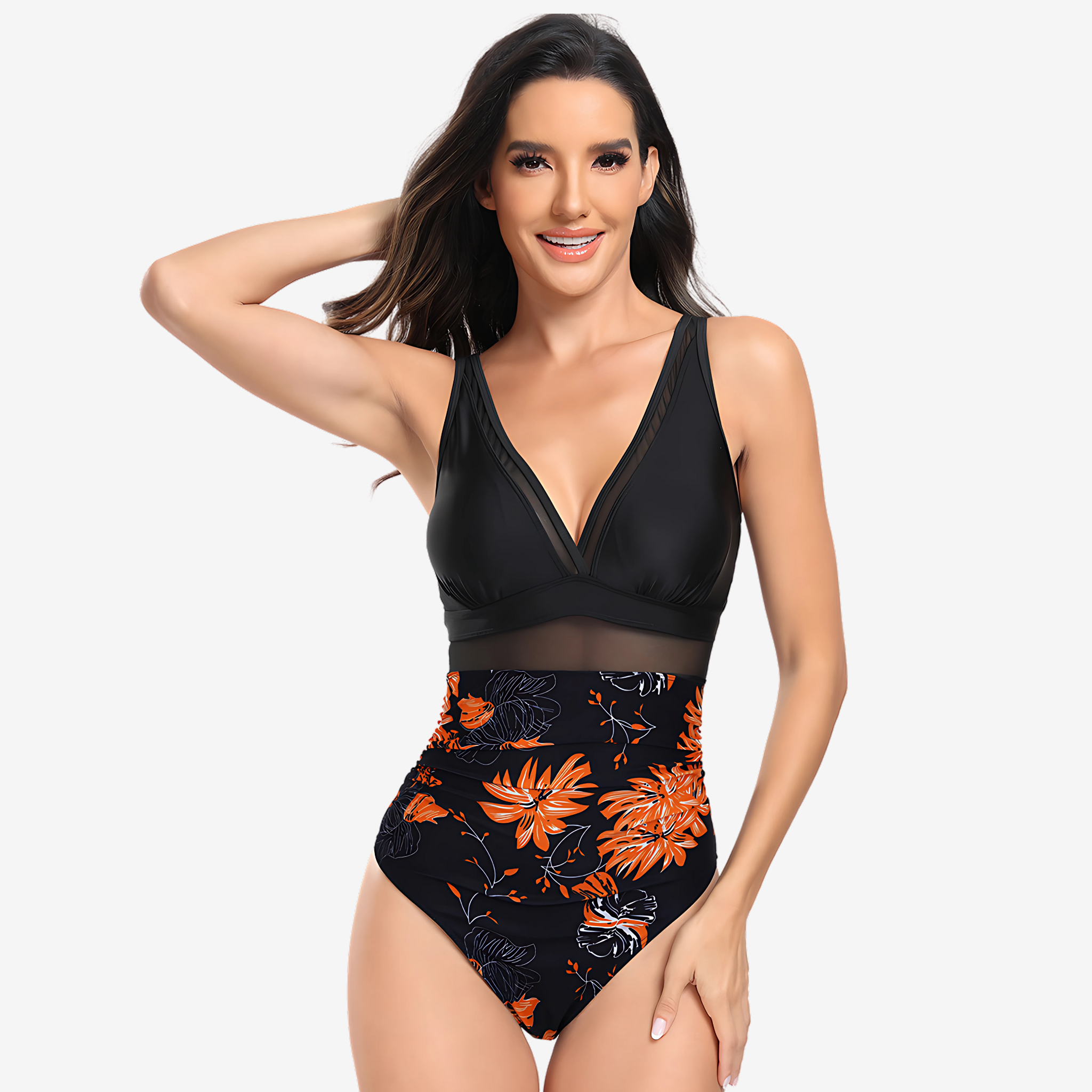 Intyra black and orange floral one-piece swimwear with deep V-neckline and ruched waist