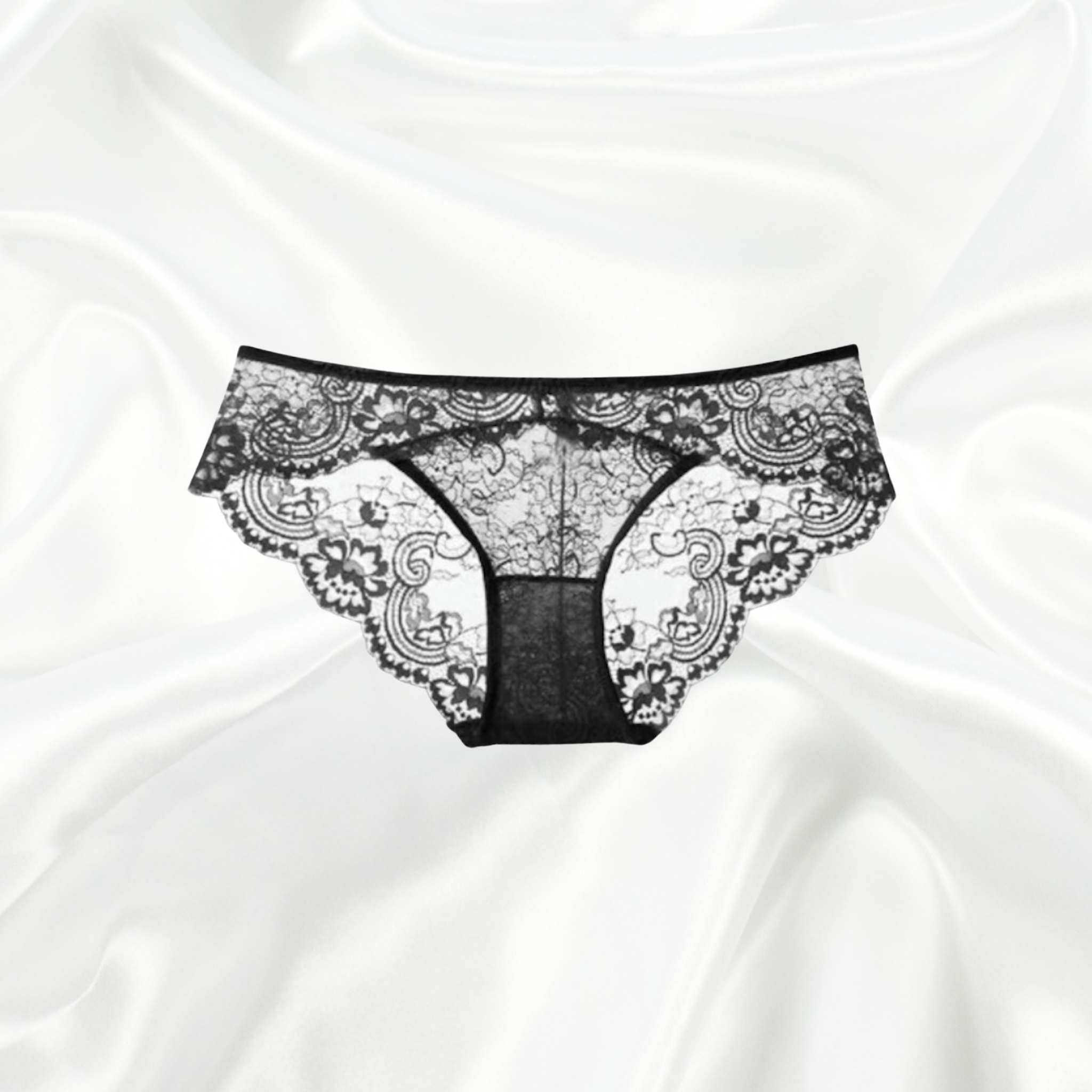 Luxury Black Lace Brazilian brief with intricate floral embroidery and scalloped edges.
