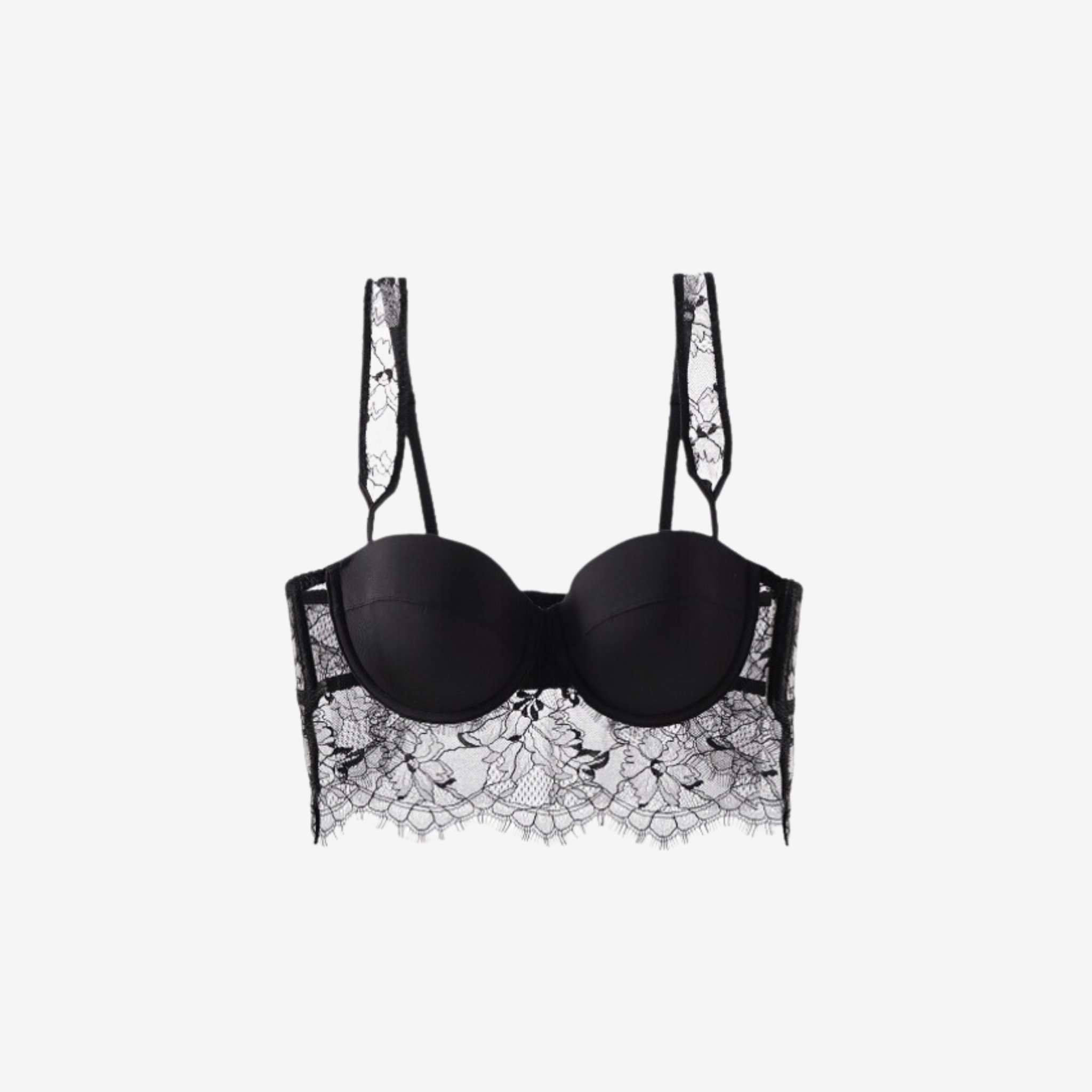 Model front view of Black Longline Bra Corset Top by Intyra with lace detailing and a flattering fit, it’s perfect for layering or as a bold statement piece.