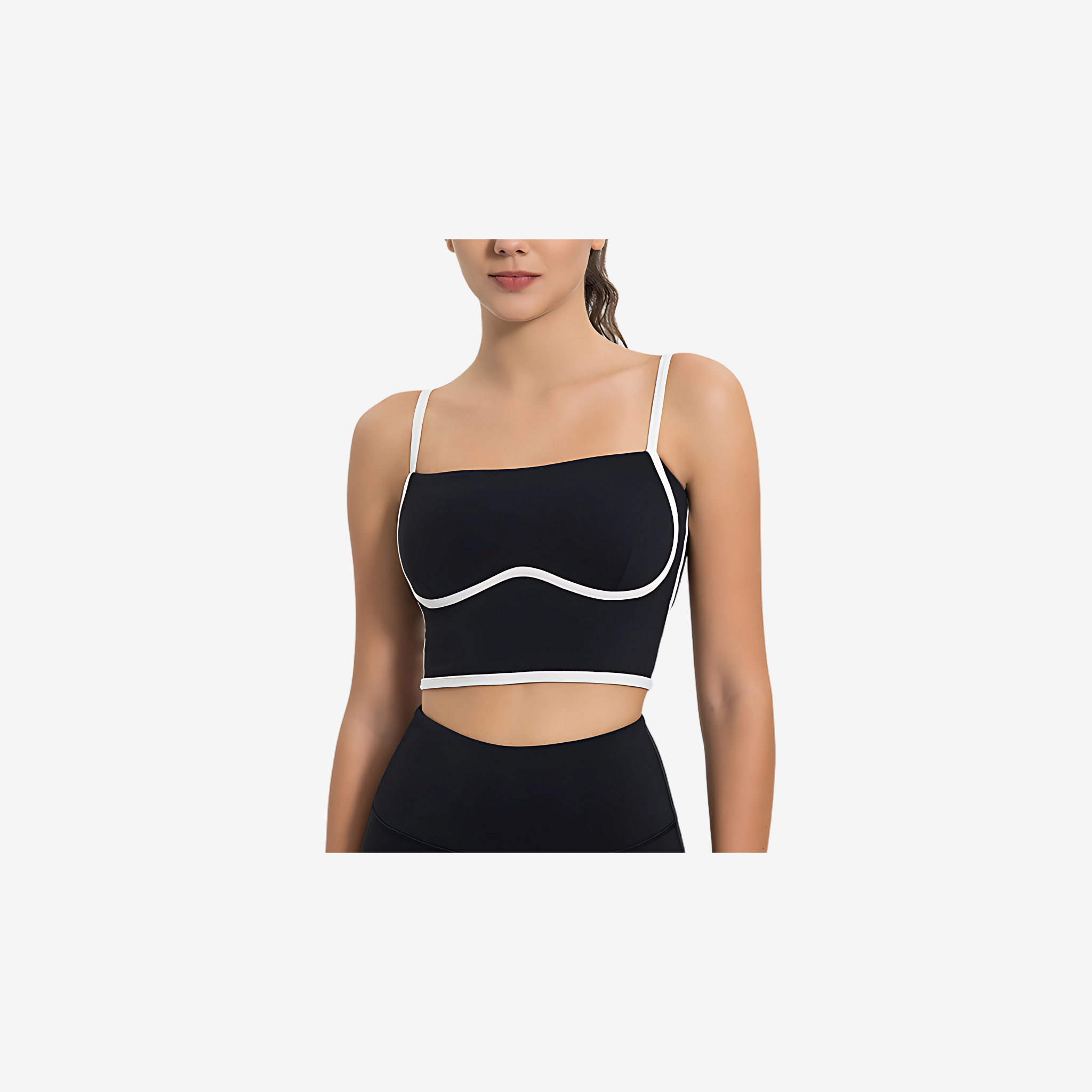 Model wearing Black square neck cropped top with contrast piping and adjustable straps