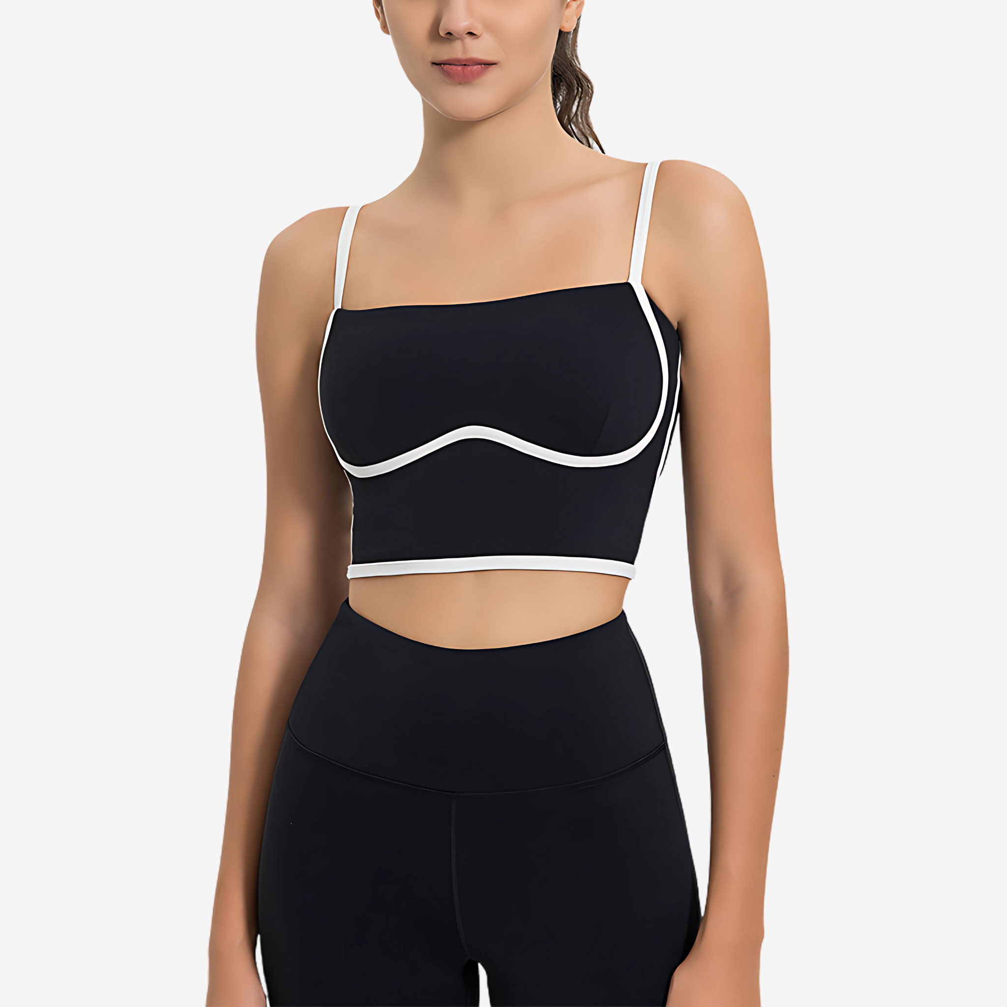 Model wearing Black square neck cropped top with contrast piping and adjustable straps