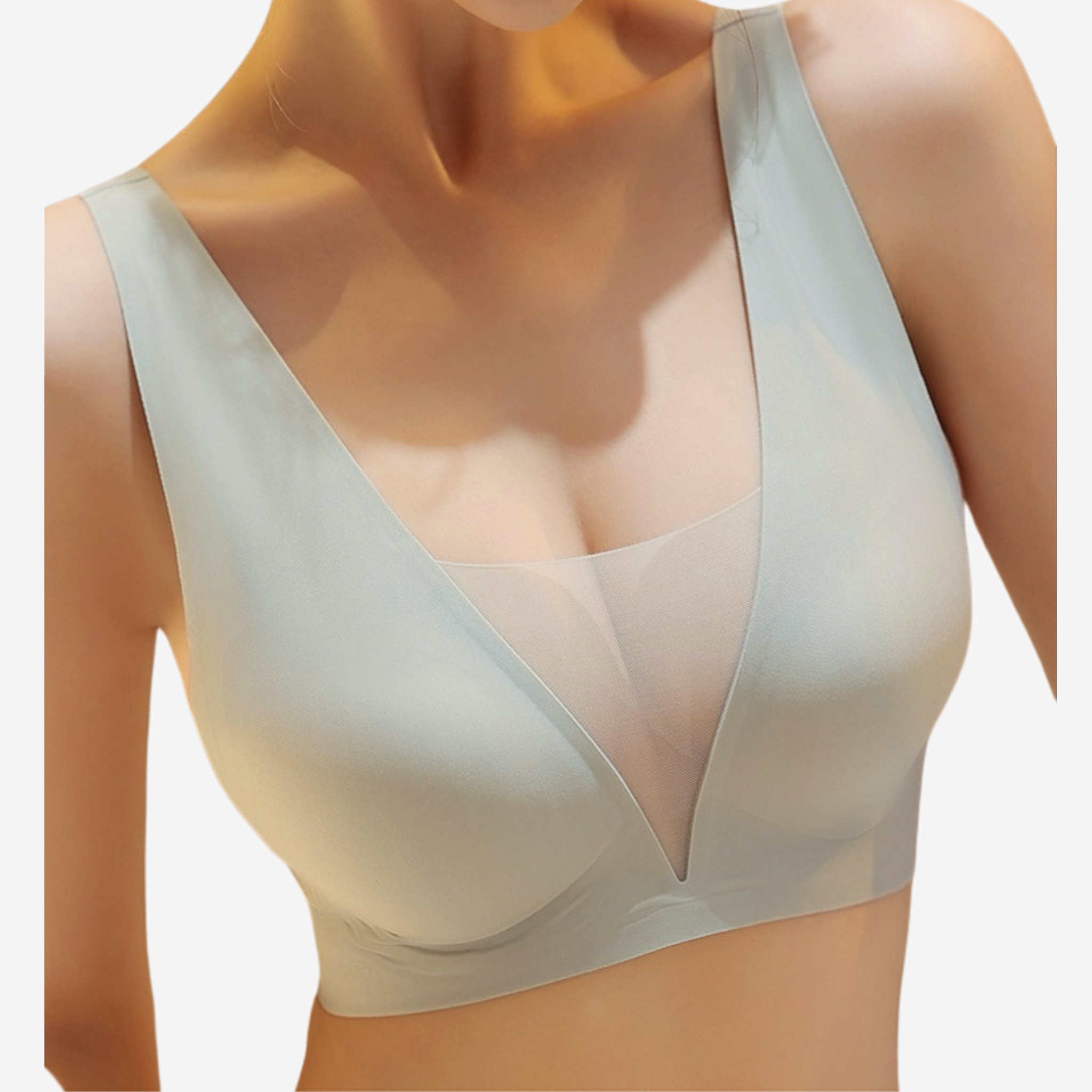 Model wearing Mint Green Corset Top with mesh details and plunging neckline in pastel green