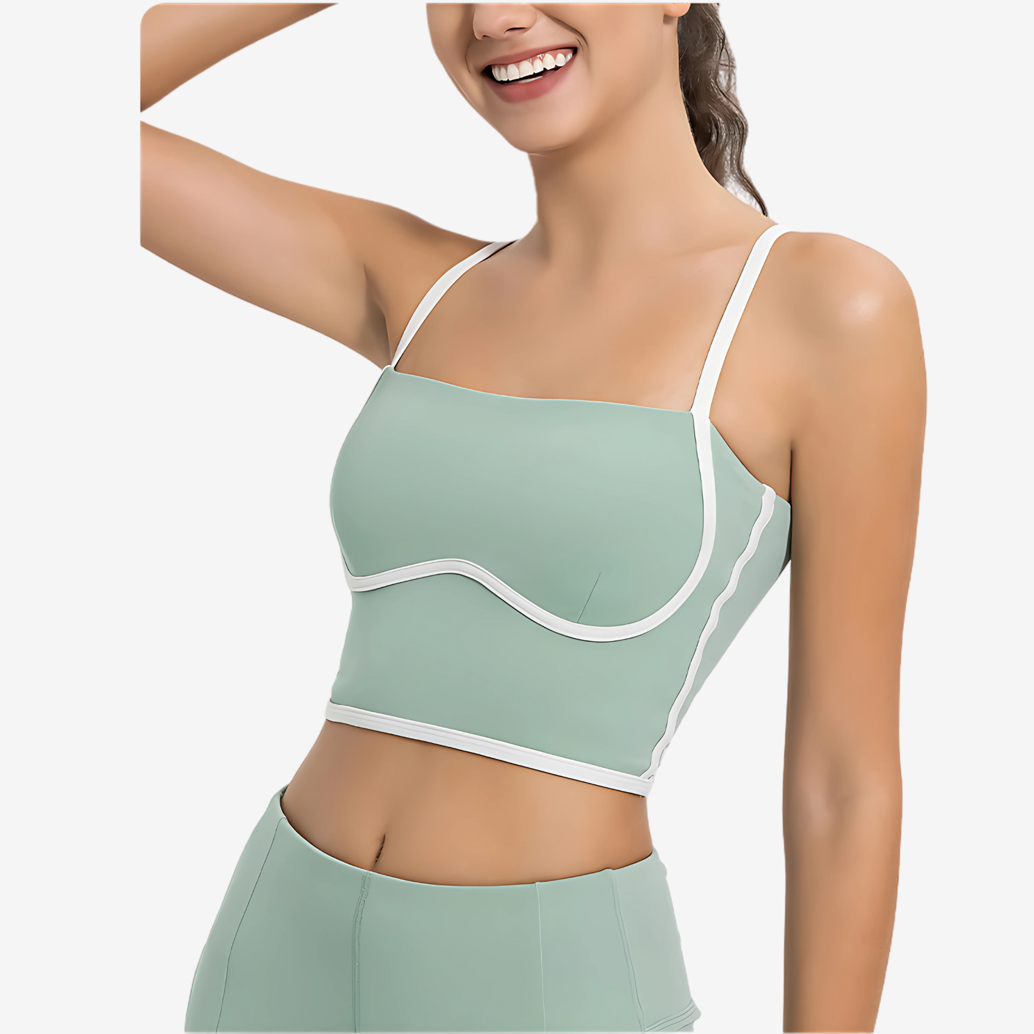 Model wearing Mint Green Square Neck Corset Top by Intyra. With contrast piping and premium stretch fabric, this chic crop top offers style, comfort, and a flattering fit.