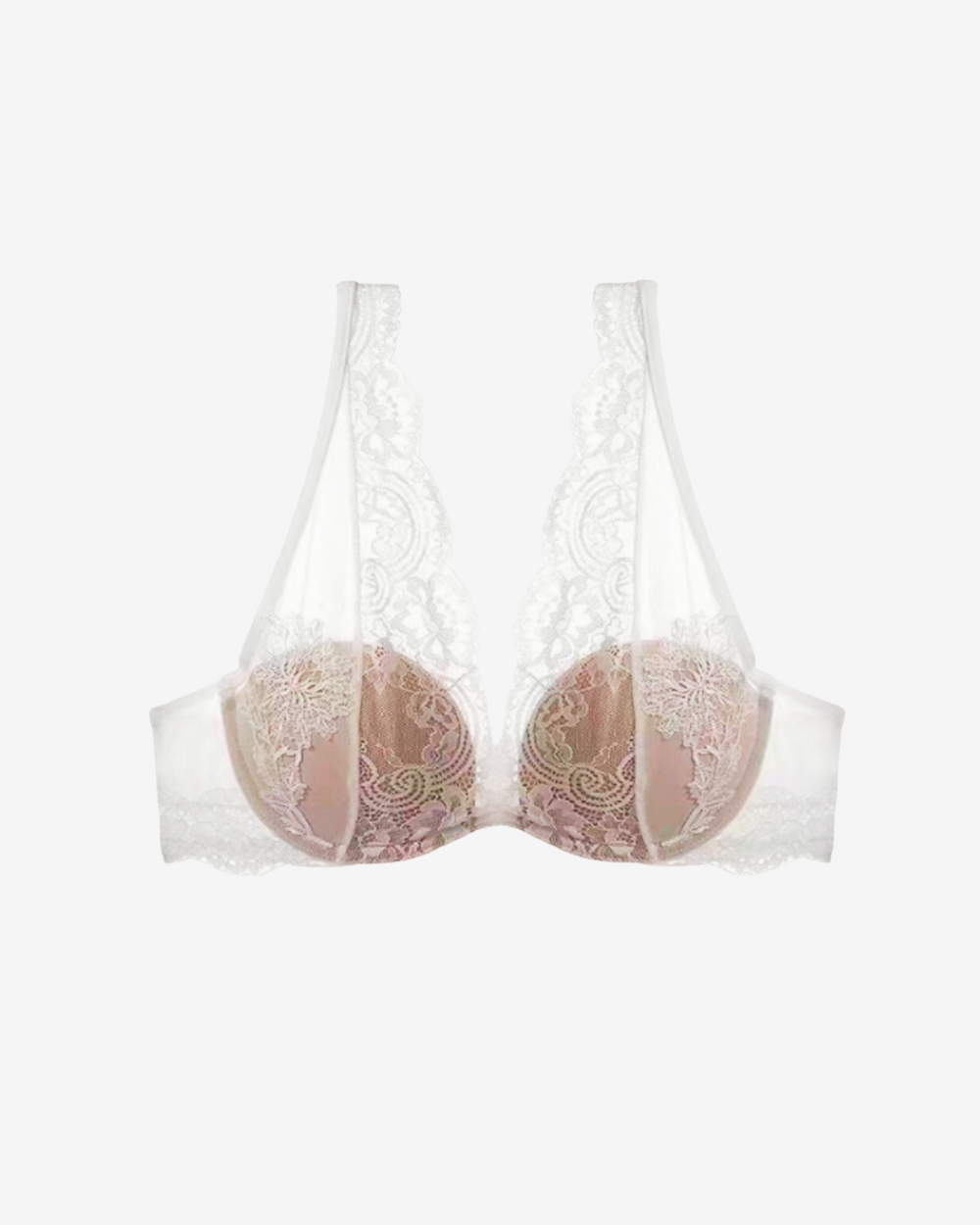 Intyra Pearl Veil Lace Bralette in ivory featuring floral lace detailing and a romantic plunge silhouette on a white background.