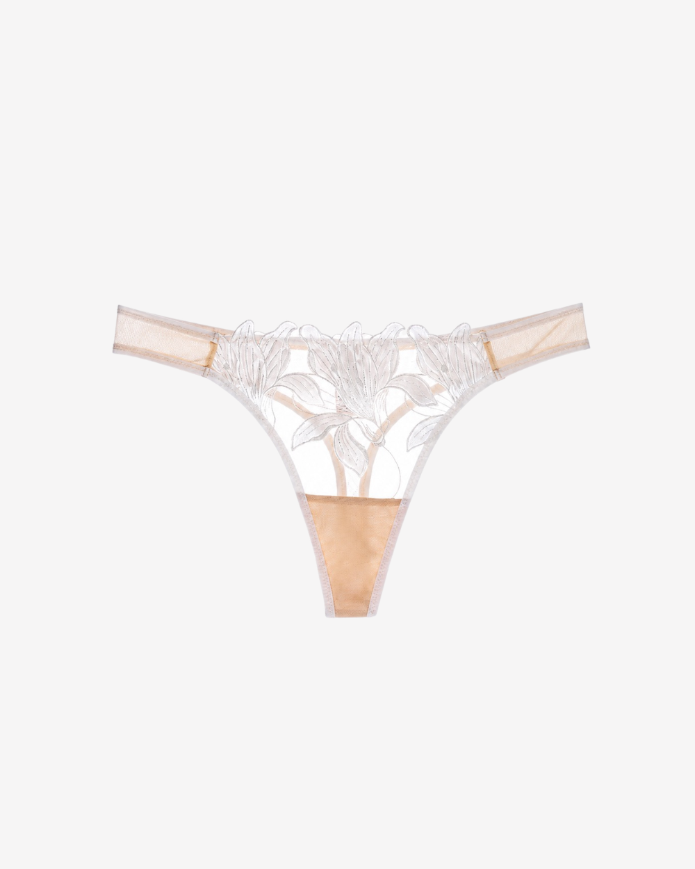 Product shot of Allure Lace Hipster Thong featuring delicate floral embroidery and sheer ivory mesh on a white background.
