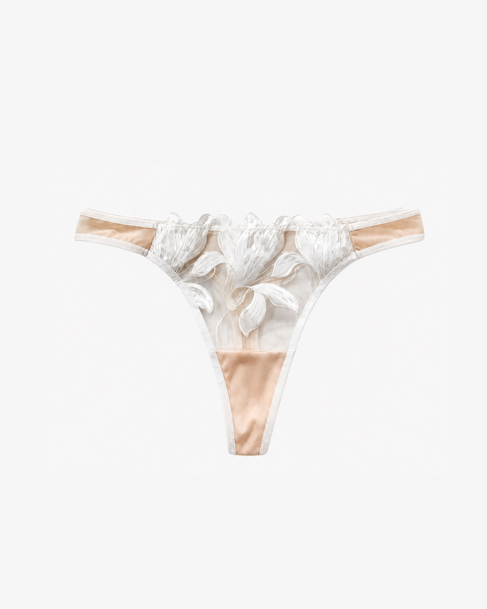 Closeup view of Allure Lace Hipster Thong featuring delicate floral embroidery and beige accent.