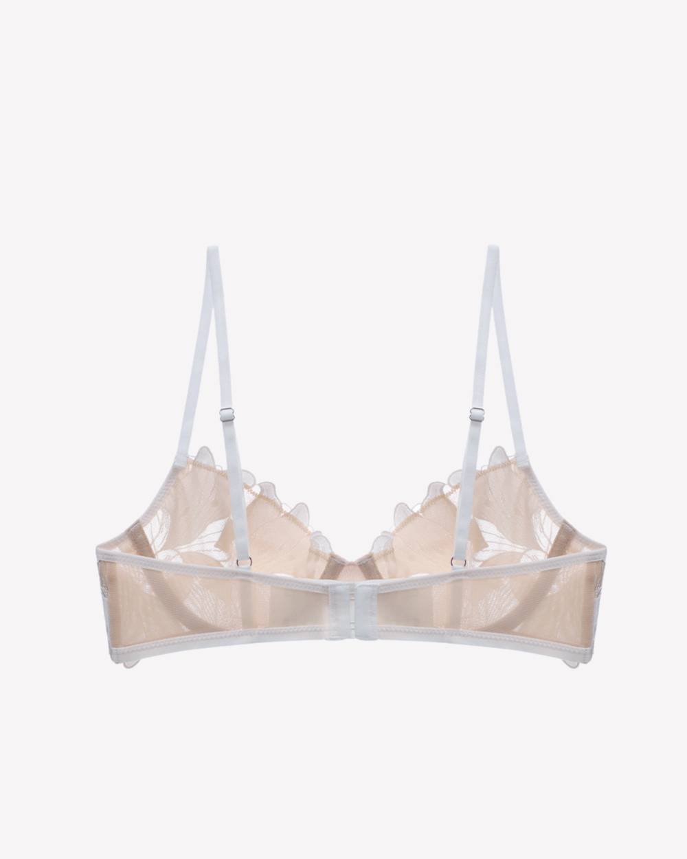 Back view of the Allure White Lace Balconette Bra featuring adjustable straps and delicate mesh detailing.