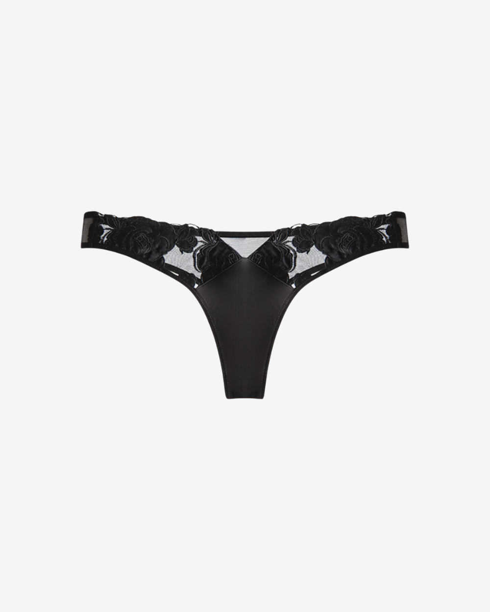 Intyra Black Rose Sheer Lace Thong featuring floral embroidery and soft sheer mesh detailing