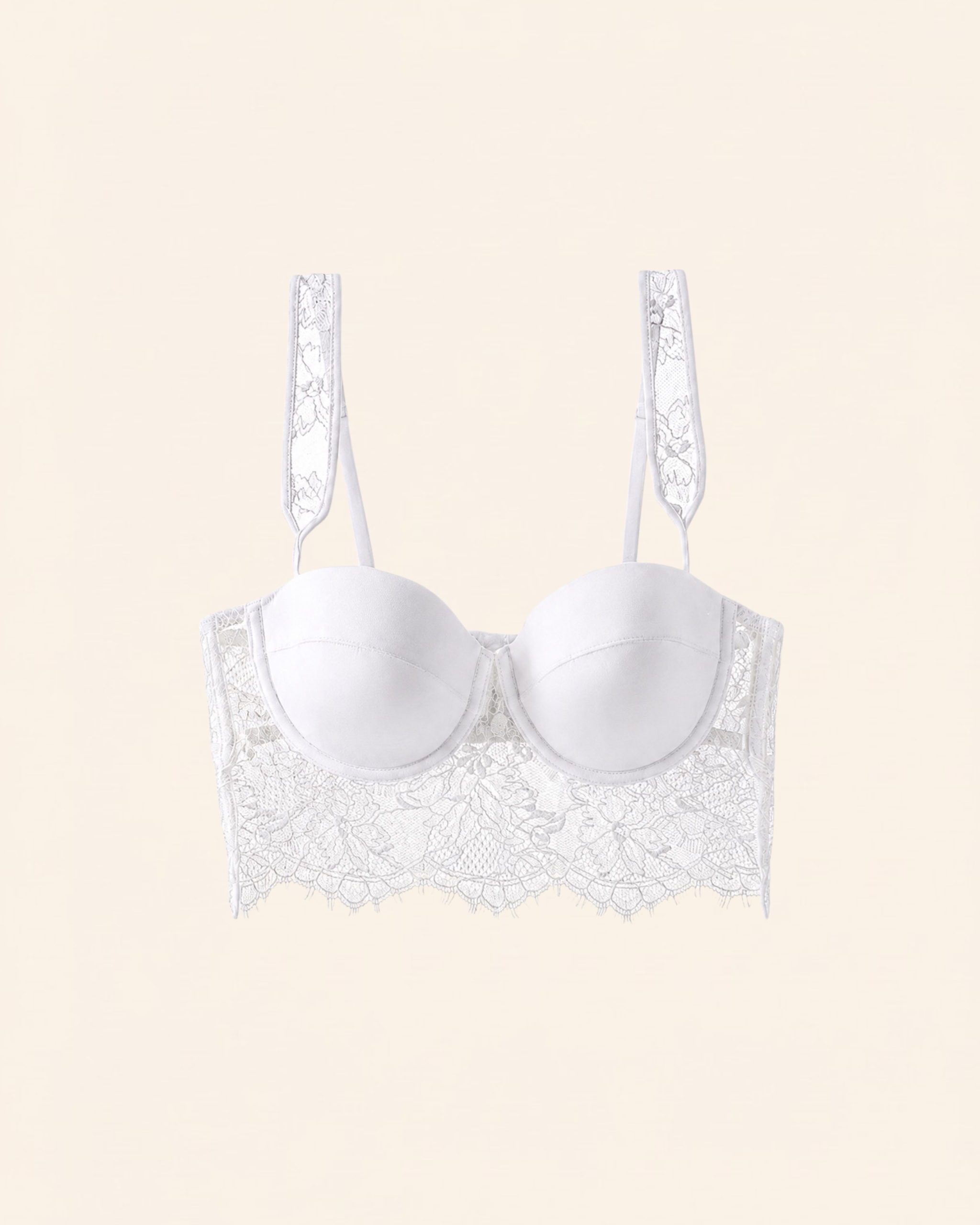 Product Shot of the Intyra Ivory Whisper Longline Bra Top in ivory featuring sculpted satin cups and elegant floral lace detailing.