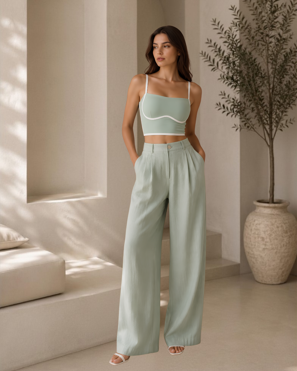 Model wearing the Intyra Sage Serenity Corset Top featuring white contrast piping, a structured square neckline, and a sleek sculpted silhouette.