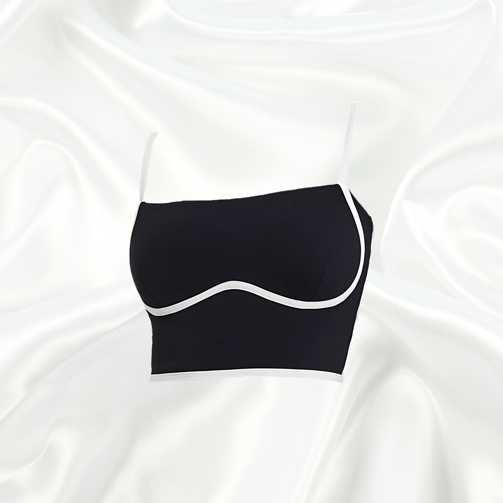 Black square neck cropped top with contrast piping and adjustable straps