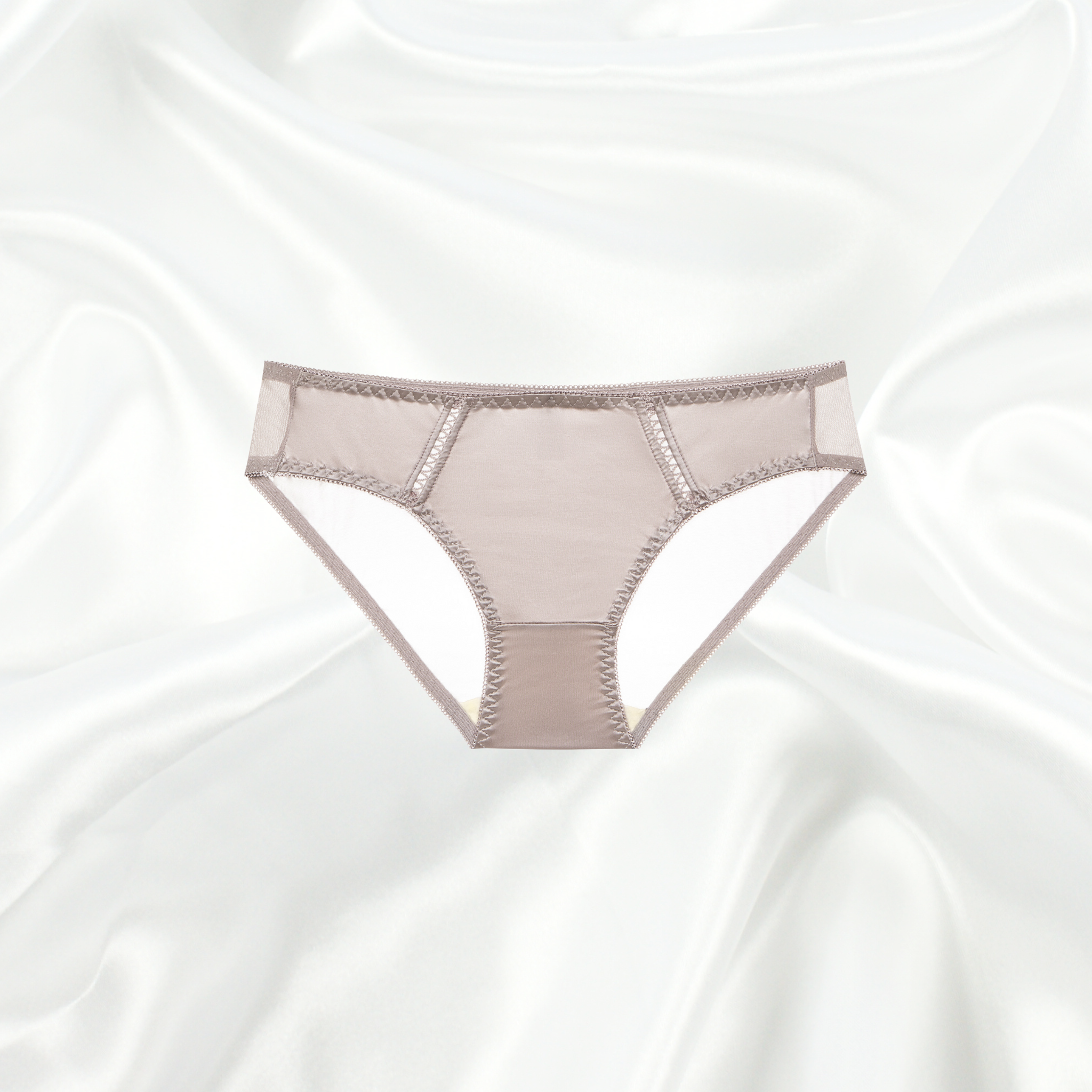 Coffee Bikini Brief with sheer mesh panels and soft, breathable fabric