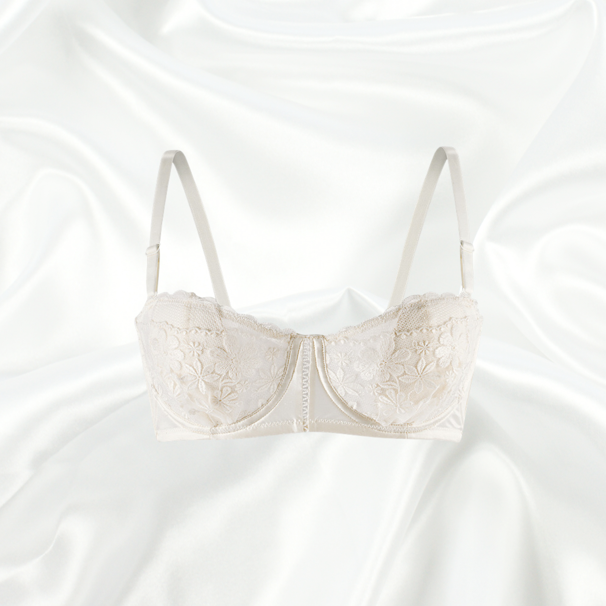 Ivory Lace Bandeau Bra with Floral Embroidery and Underwired Support
