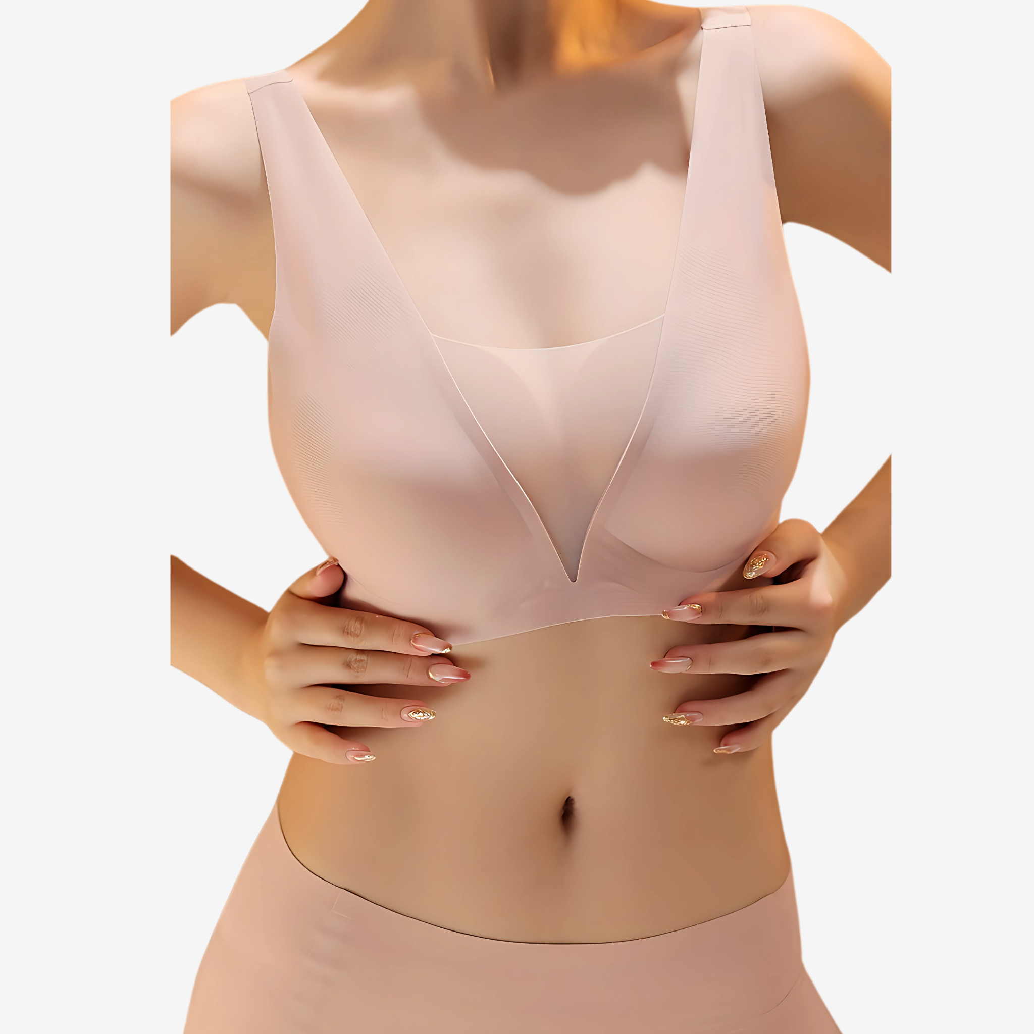 Front View of Model wearing Lustre Blush Corset Top – Elegant baby pink corset top with mesh details and deep V-neckline.