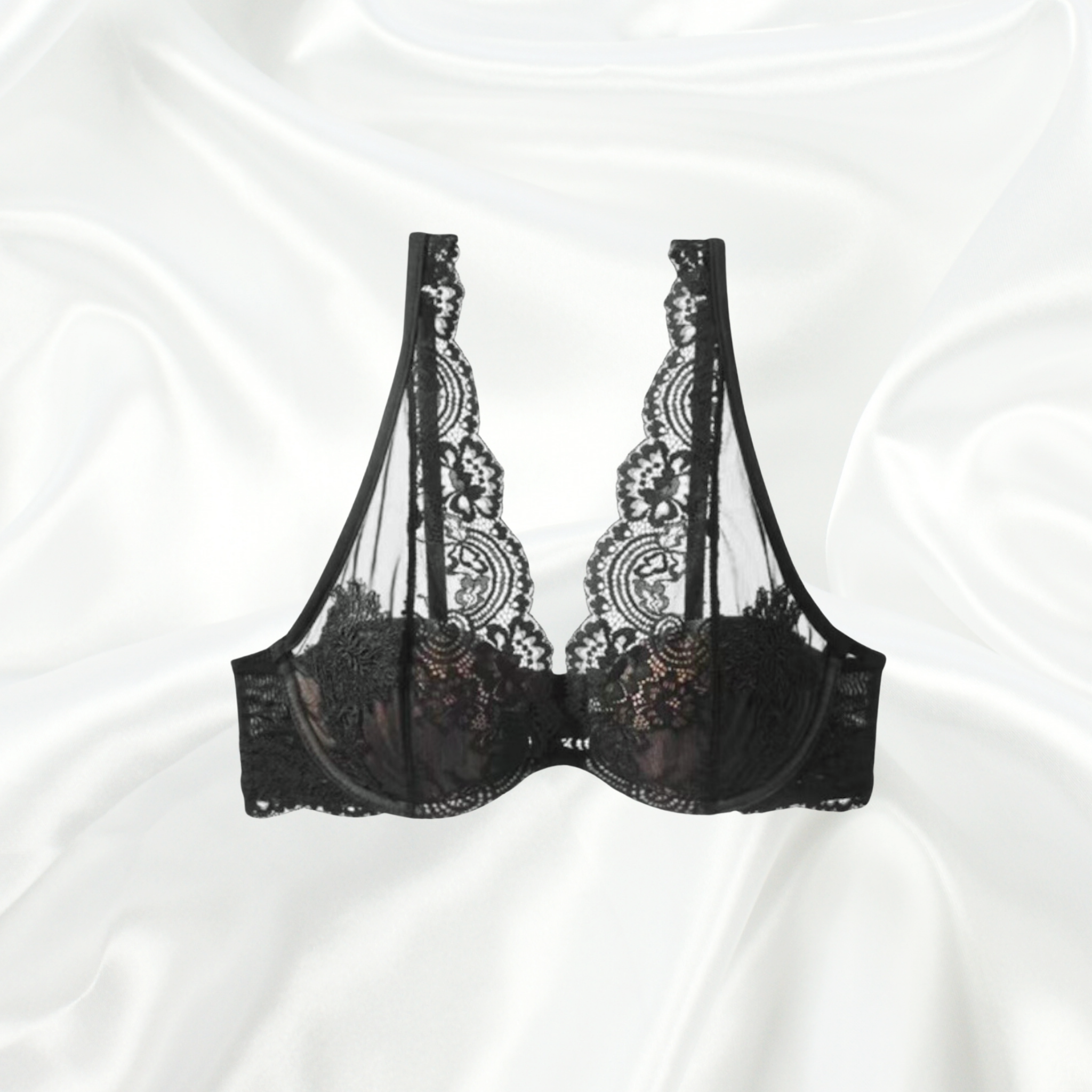 Luxury black lace bralette featuring intricate floral embroidery and sheer mesh panels.