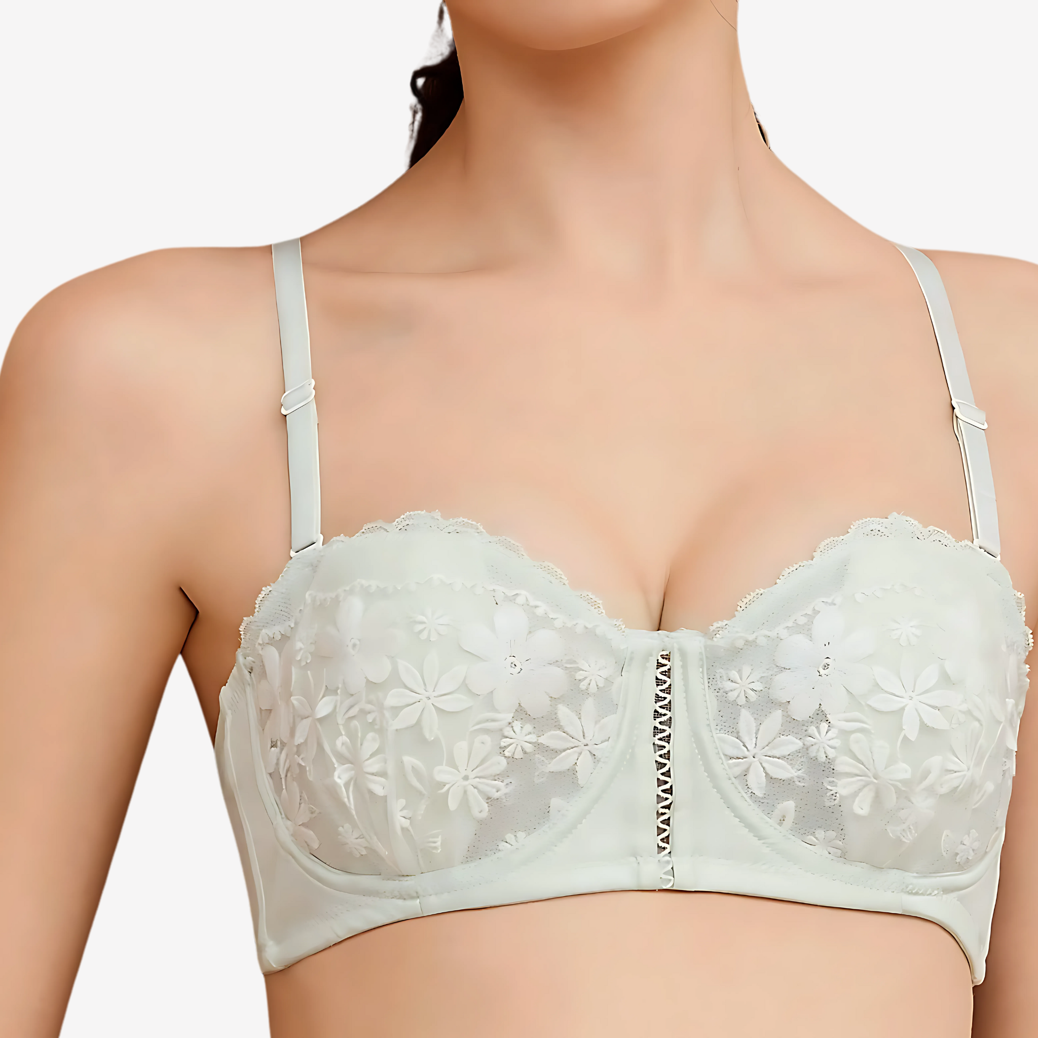 Model Front View of Mint Lace Bandeau – Floral Lace Padded Bra with a Supportive Fit