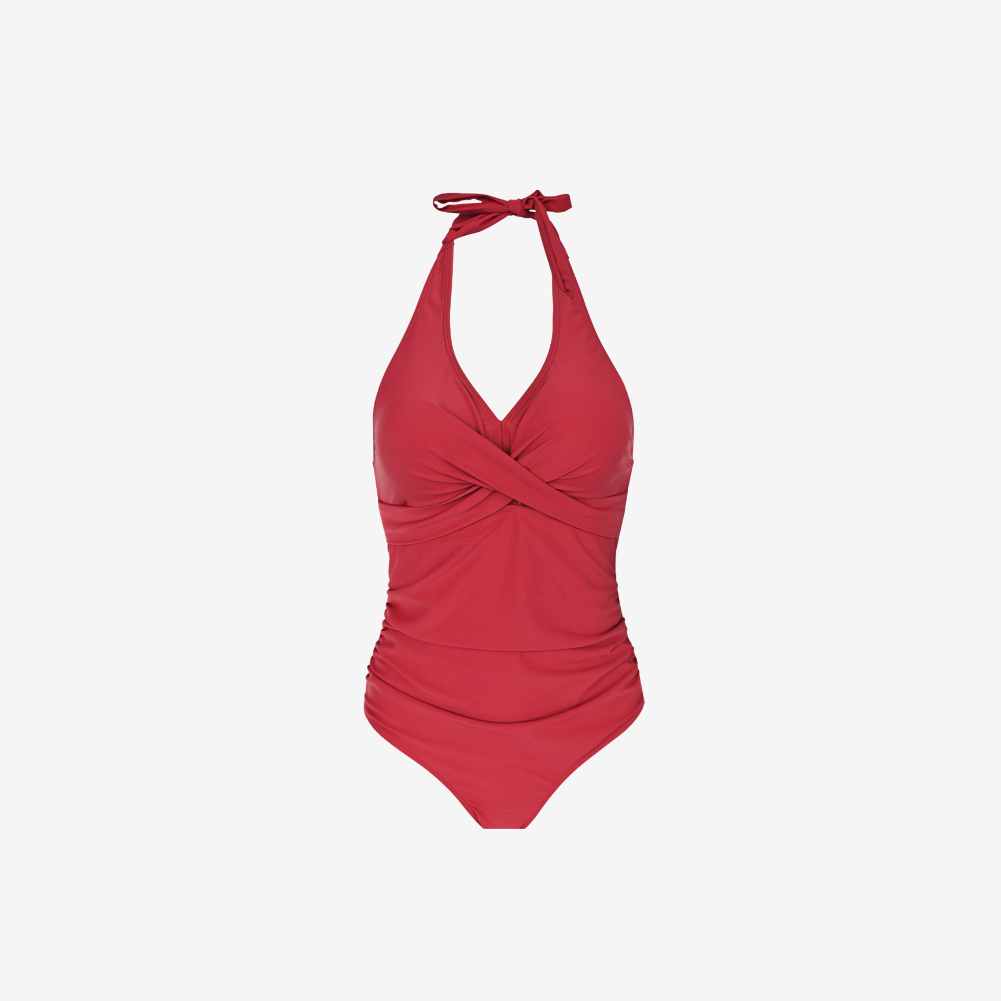 Intyra's Red Halter Swimsuit – Luxury One-Piece Swimwear, featuring a halter neck, ruched waist, and quick-dry fabric.
