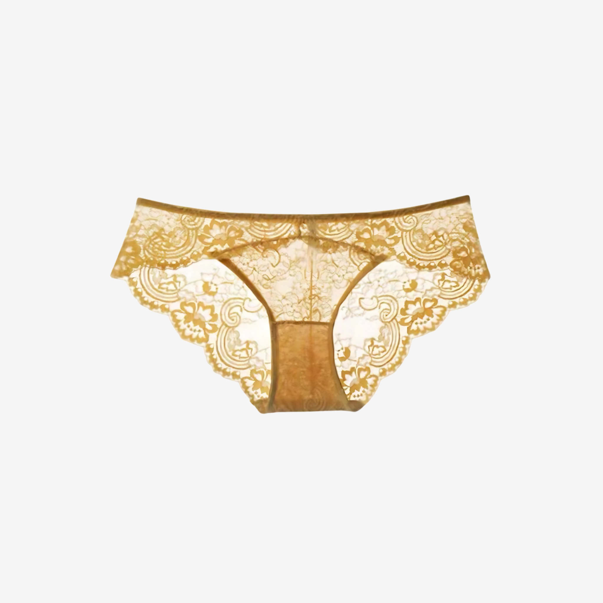 Sunset Yellow Lace Brazilian Brief with floral lace, scalloped detailing, and a seductive sheer lace back.