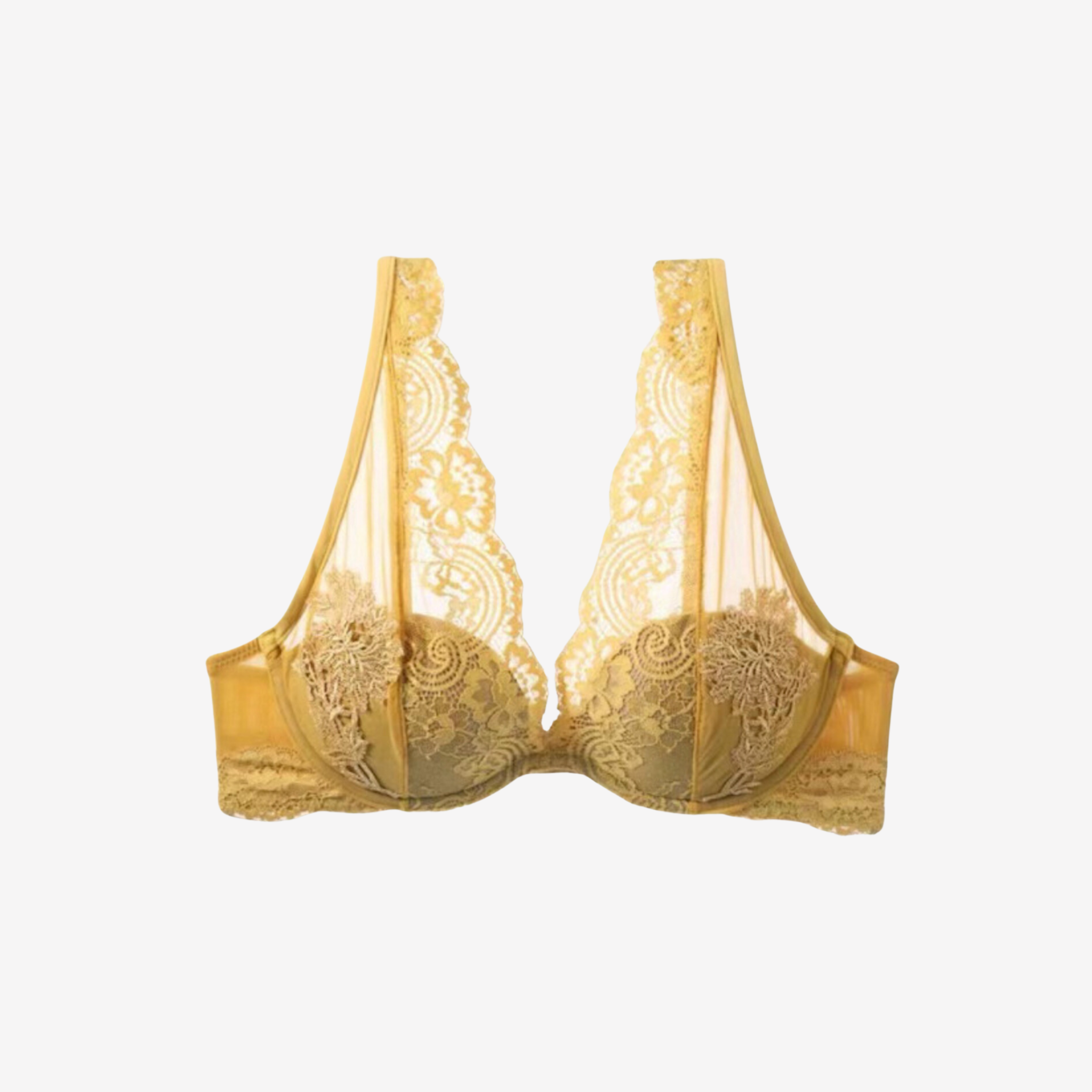 Sunset yellow floral lace bralette with a plunging neckline and underwired cups for enhanced shape and support.
