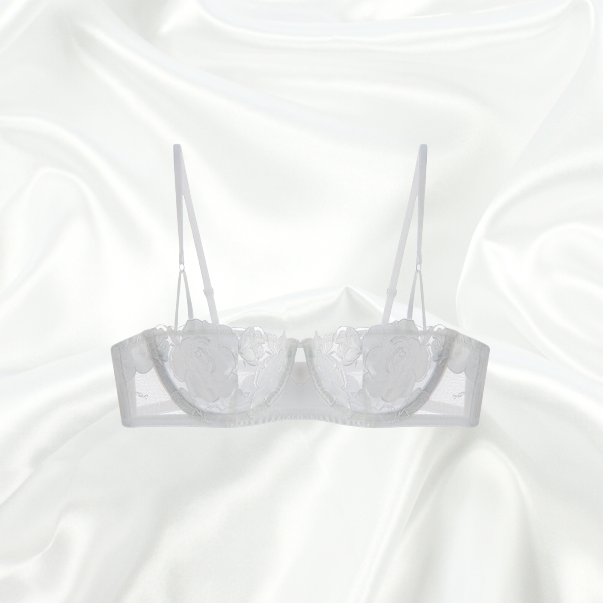 White Rose Embroidery Demi Bra with Sheer Lace and Underwired Support by Intyra. Shop the matching hipster thong to make the perfect bridal lingerie set