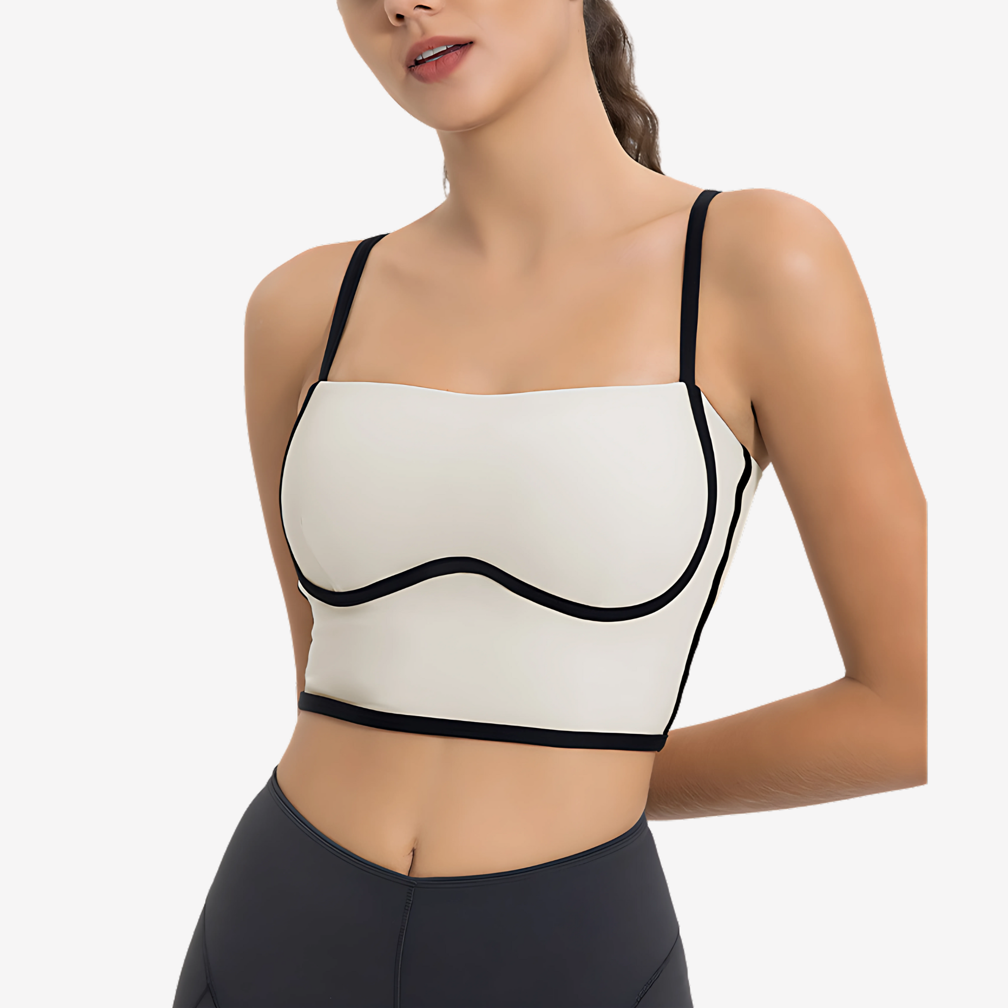 Model in White Square Neck Corset Top by Intyra, designed with contrast piping, premium stretch fabric, and a flattering fit, perfect for workouts or casual wear.