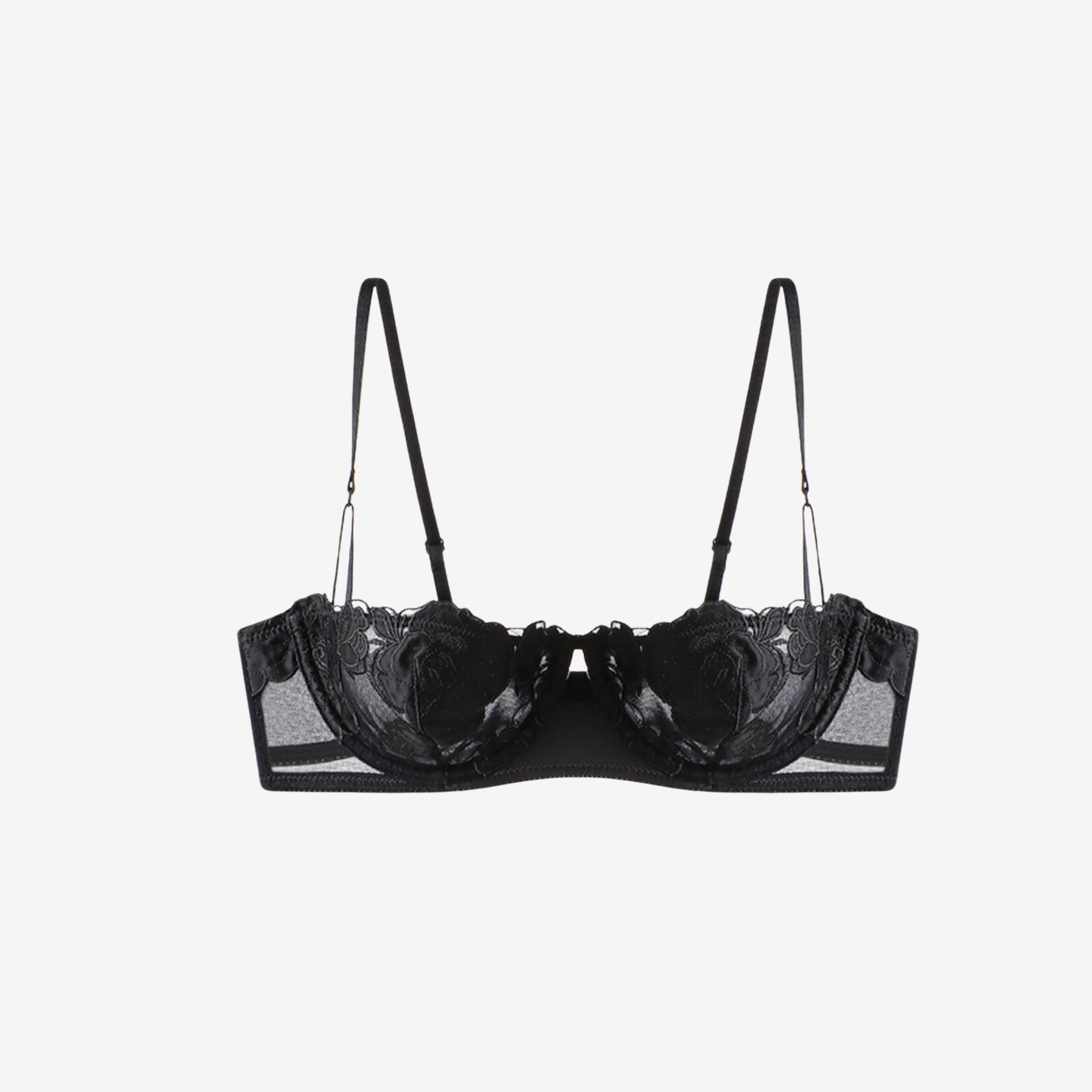 Luxury black rose embroidered balconette bra, underwired for ultimate lift and comfort, with elegant floral detailing and semi-sheer mesh.