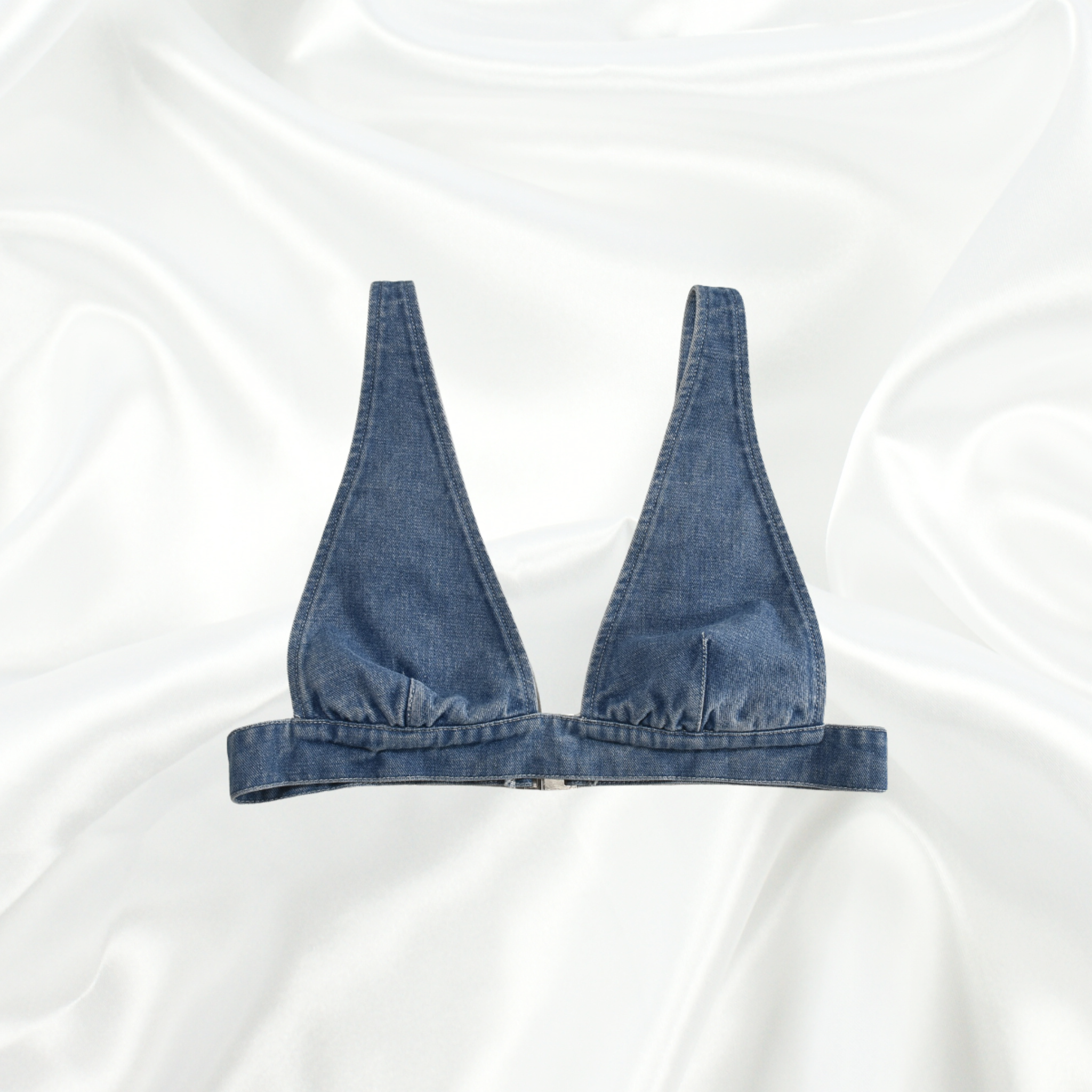 Luxury Denim Corset Bra Top – Structured denim bustier with V-neckline and structured seams
