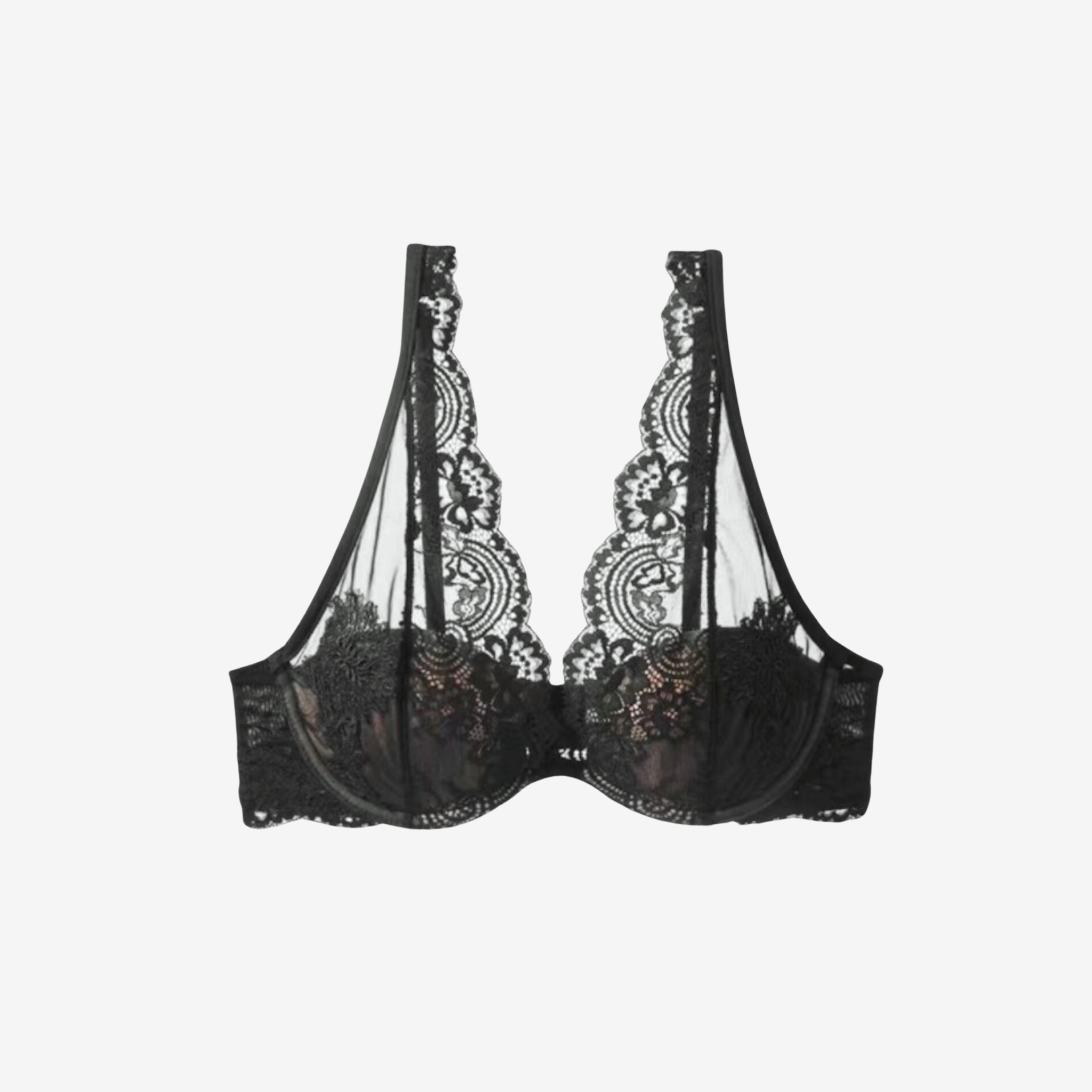 Luxury black lace bralette featuring intricate floral embroidery and sheer mesh panels.