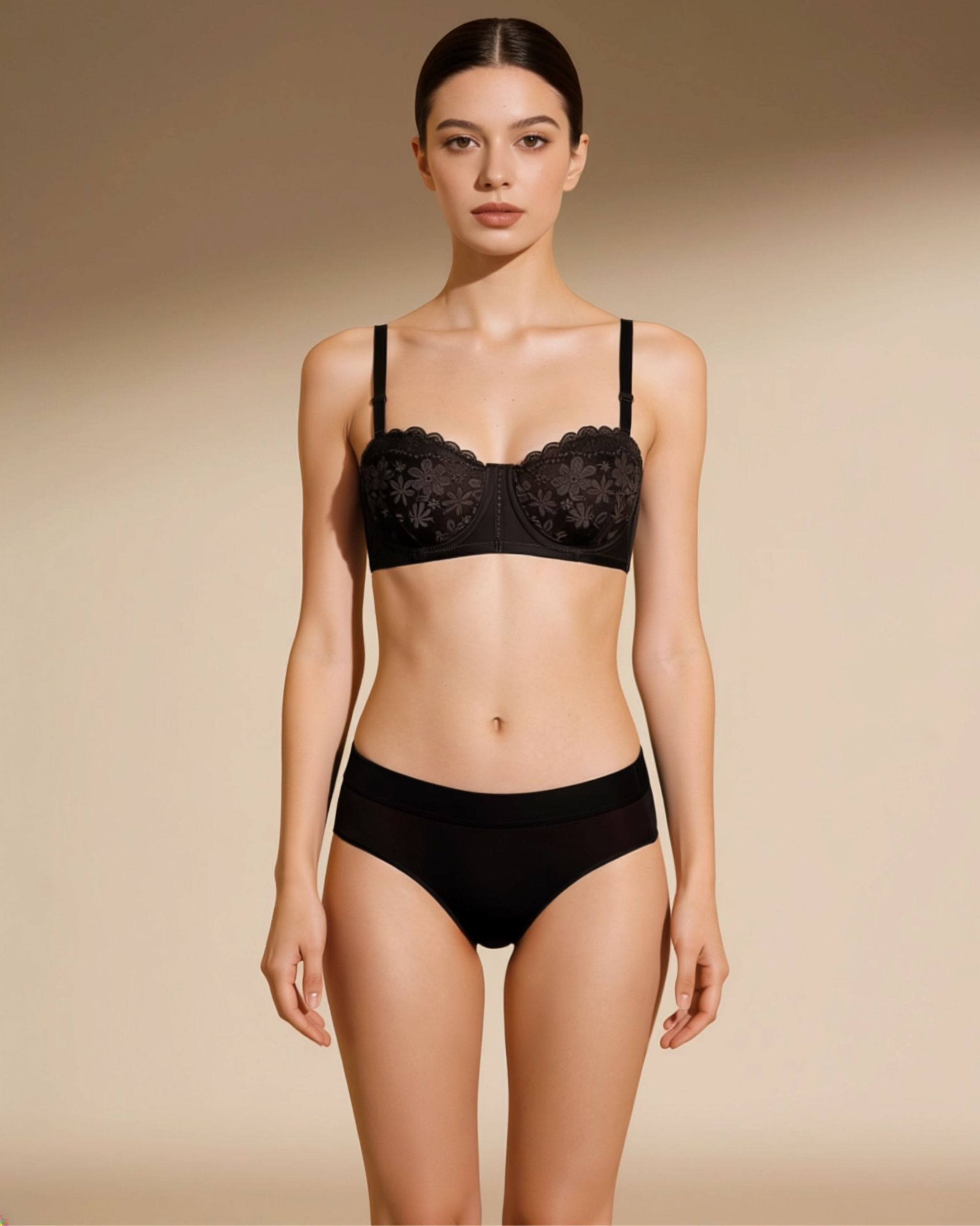 Model wearing the Intyra Midnight Allure Lace Bandeau styled with the matching plain brief
