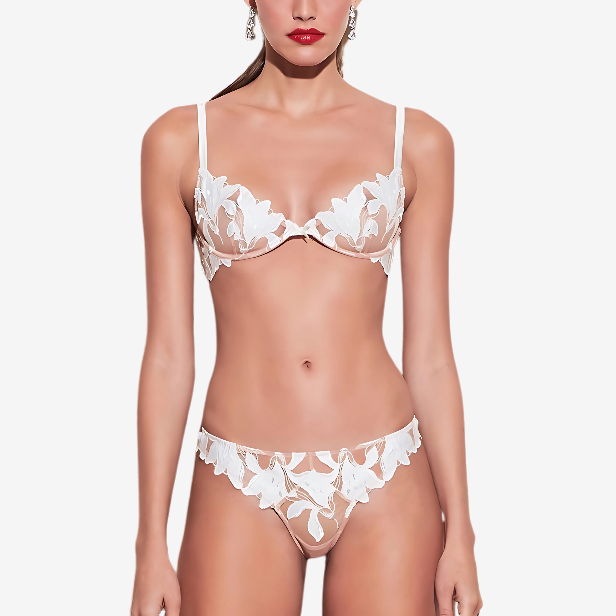 Model Front View of White lace balconette bra with floral embroidery and mesh details – Intyra luxury lingerie.