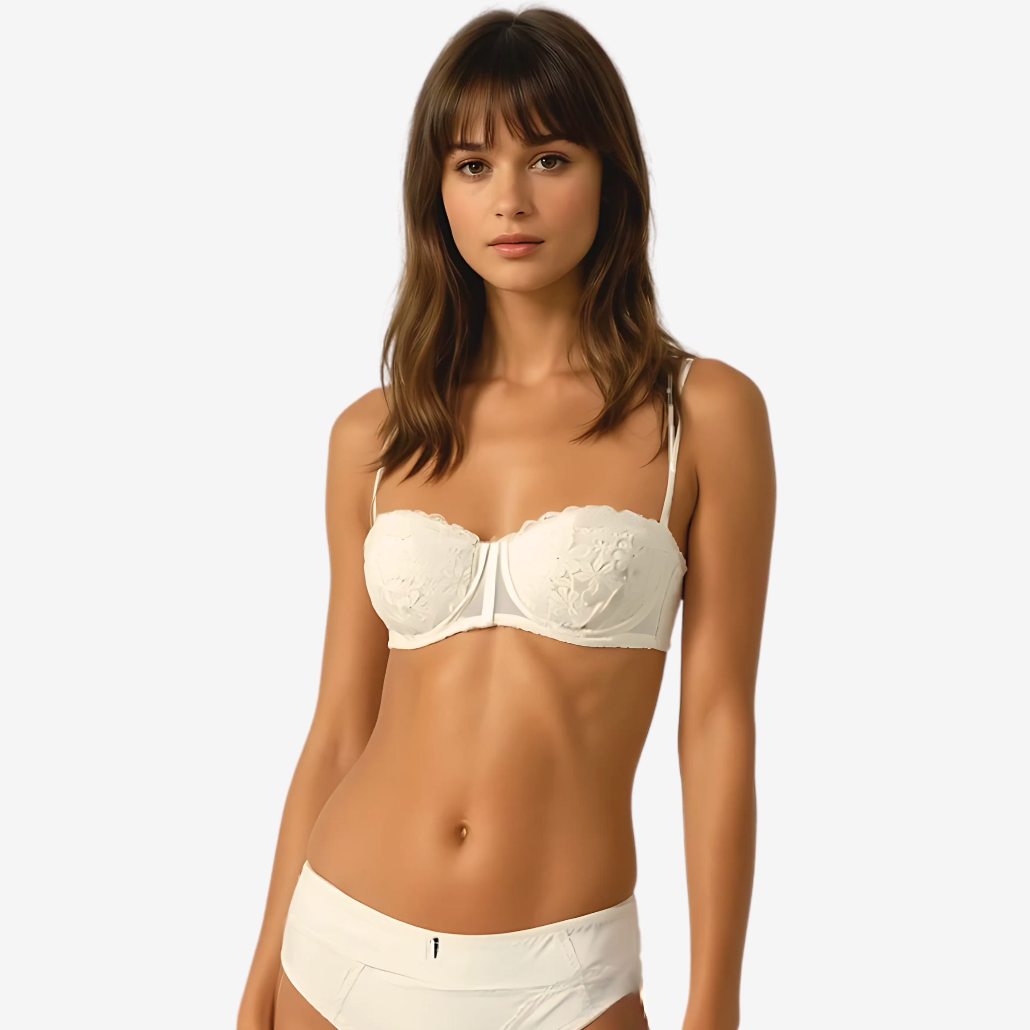 Front View of Model wearing Ivory Lace Bandeau Bra with Floral Embroidery and Underwired Support