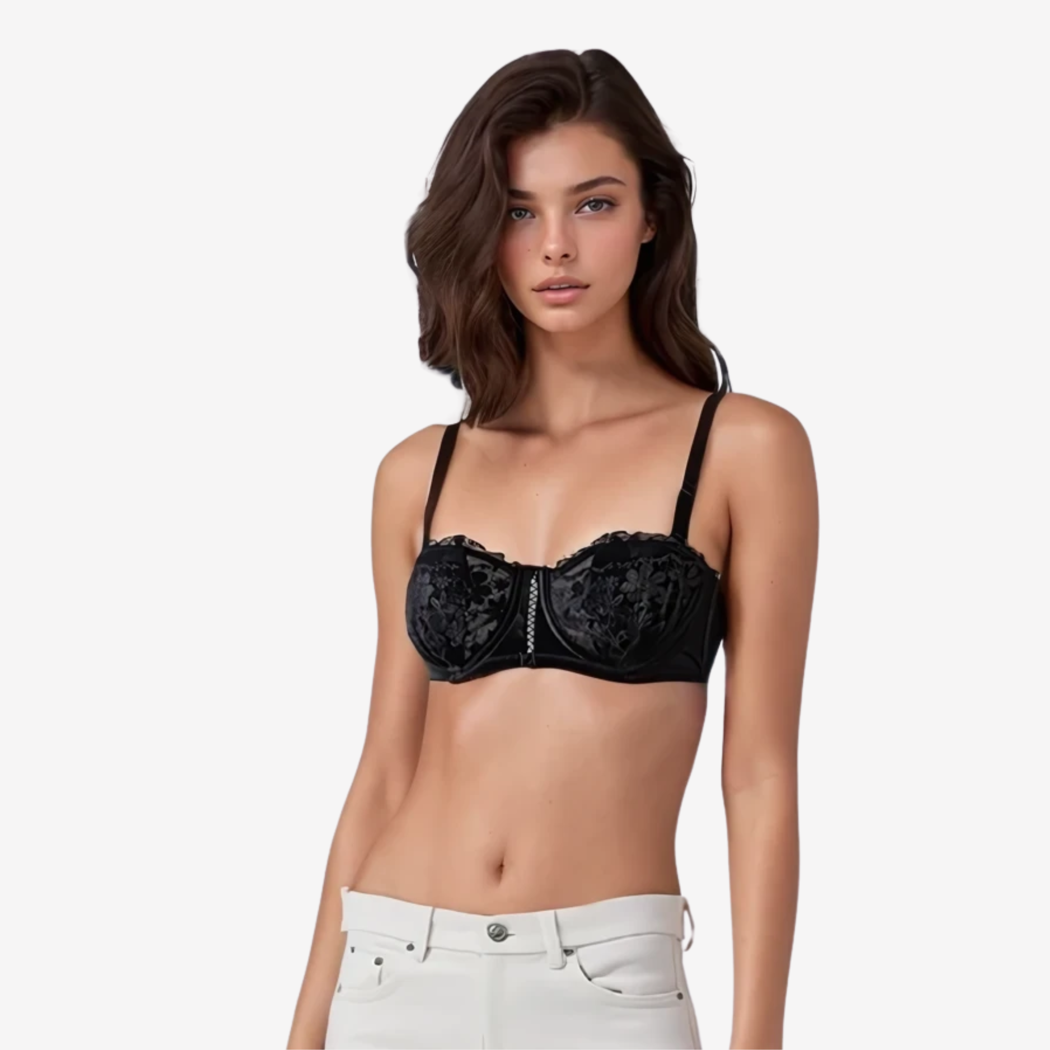 Model wearing Midnight Allure Lace Bandeau Bra in Black with Floral Embroidery by Intyra