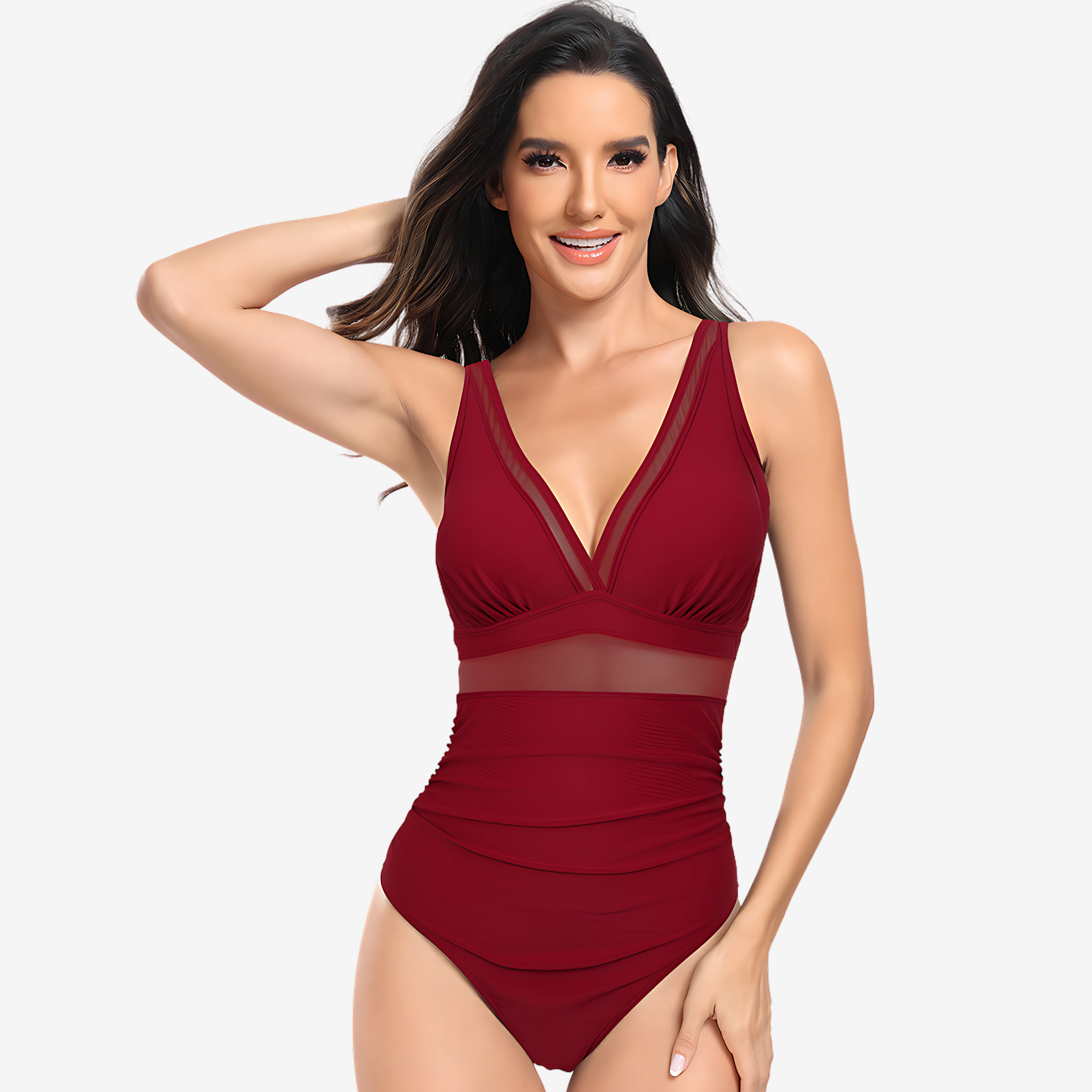 Model wearing a deep red luxury one-piece swimsuit with a plunging V-neckline, sheer mesh panels, and a ruched high-waist design from Intyra’s designer swimwear collection.