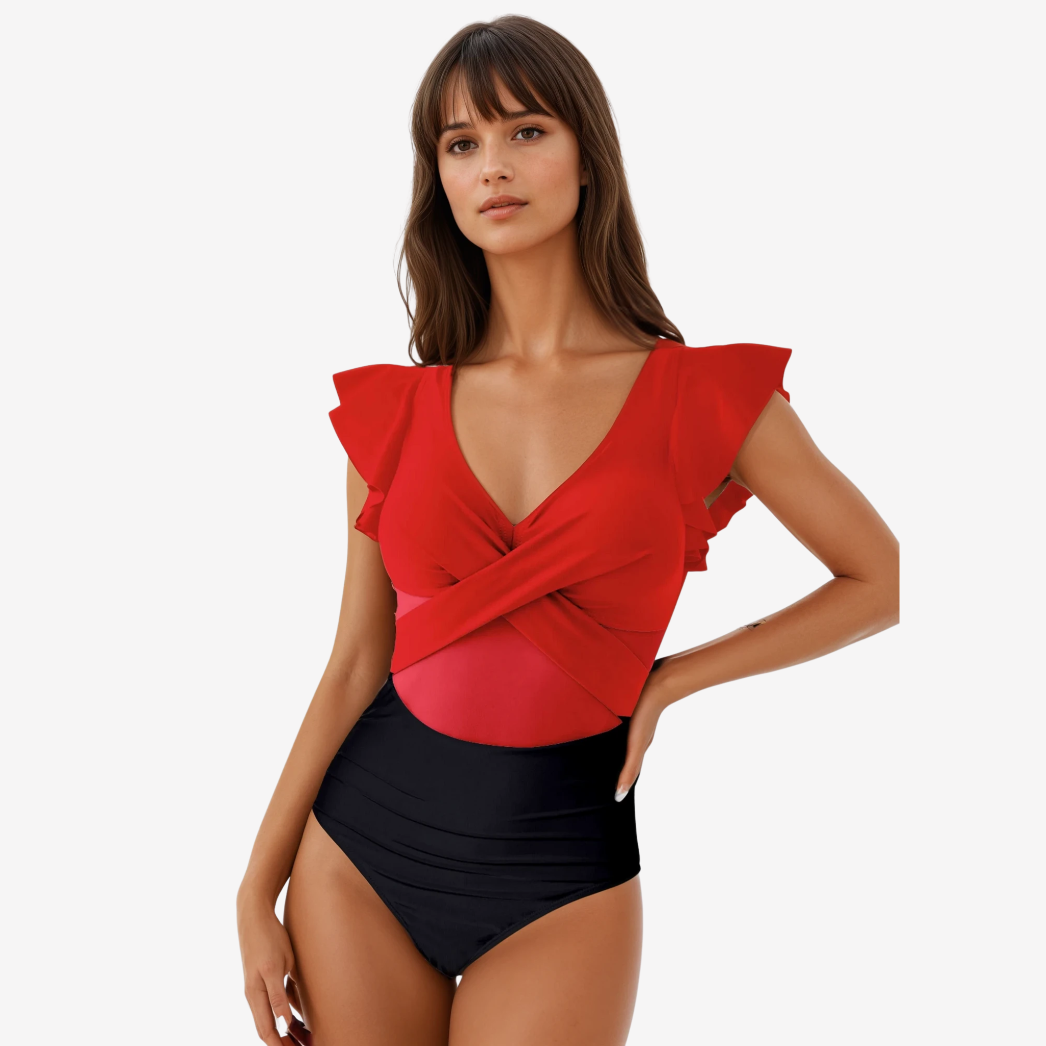 Model wearing Two-tone one-piece swimsuit featuring a bold red & black, ruffled sleeves & a flattering fit.