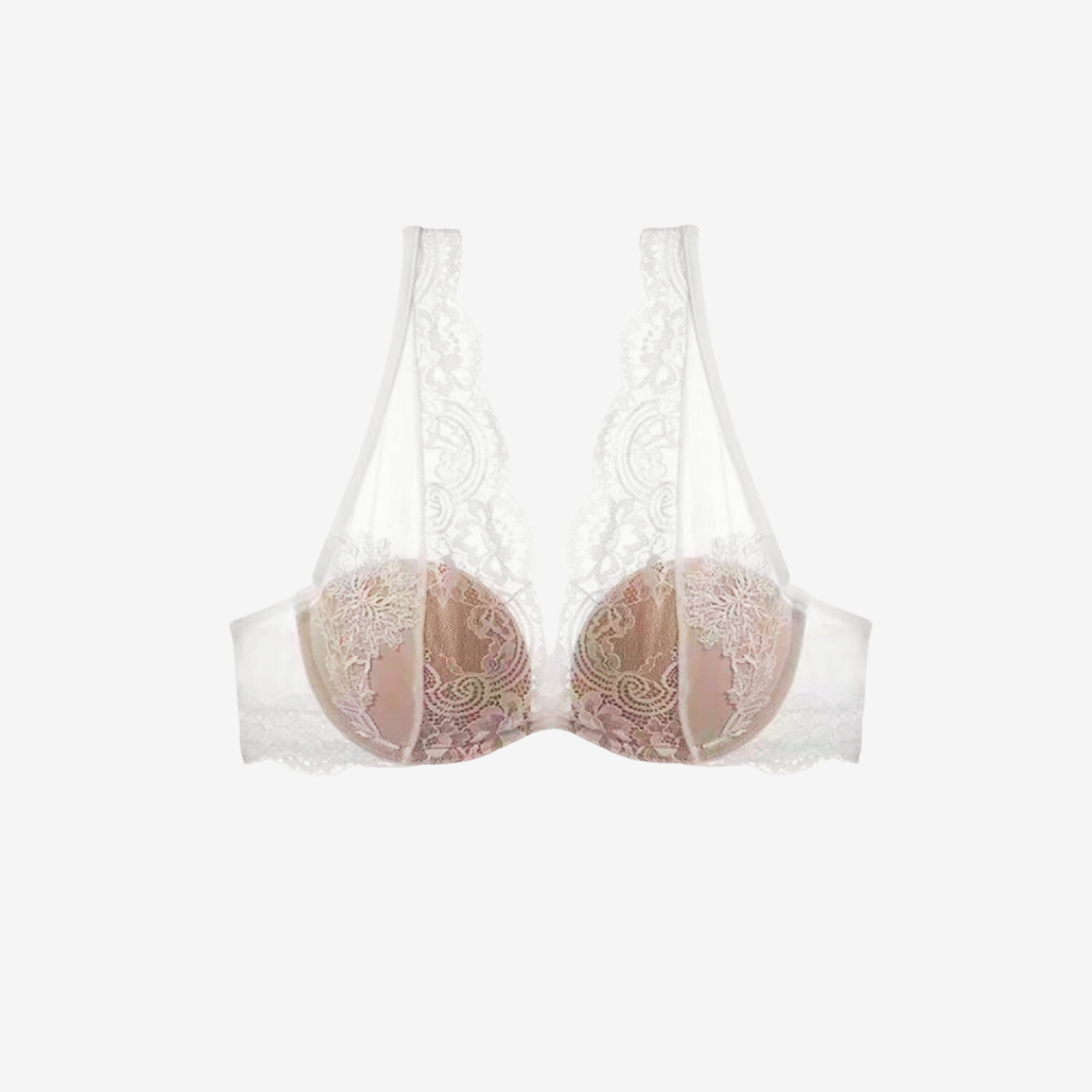 Snowy Queen Lace Bralette in white floral lace with a deep plunging neckline, underwired cups, and adjustable straps for a refined, elegant look.