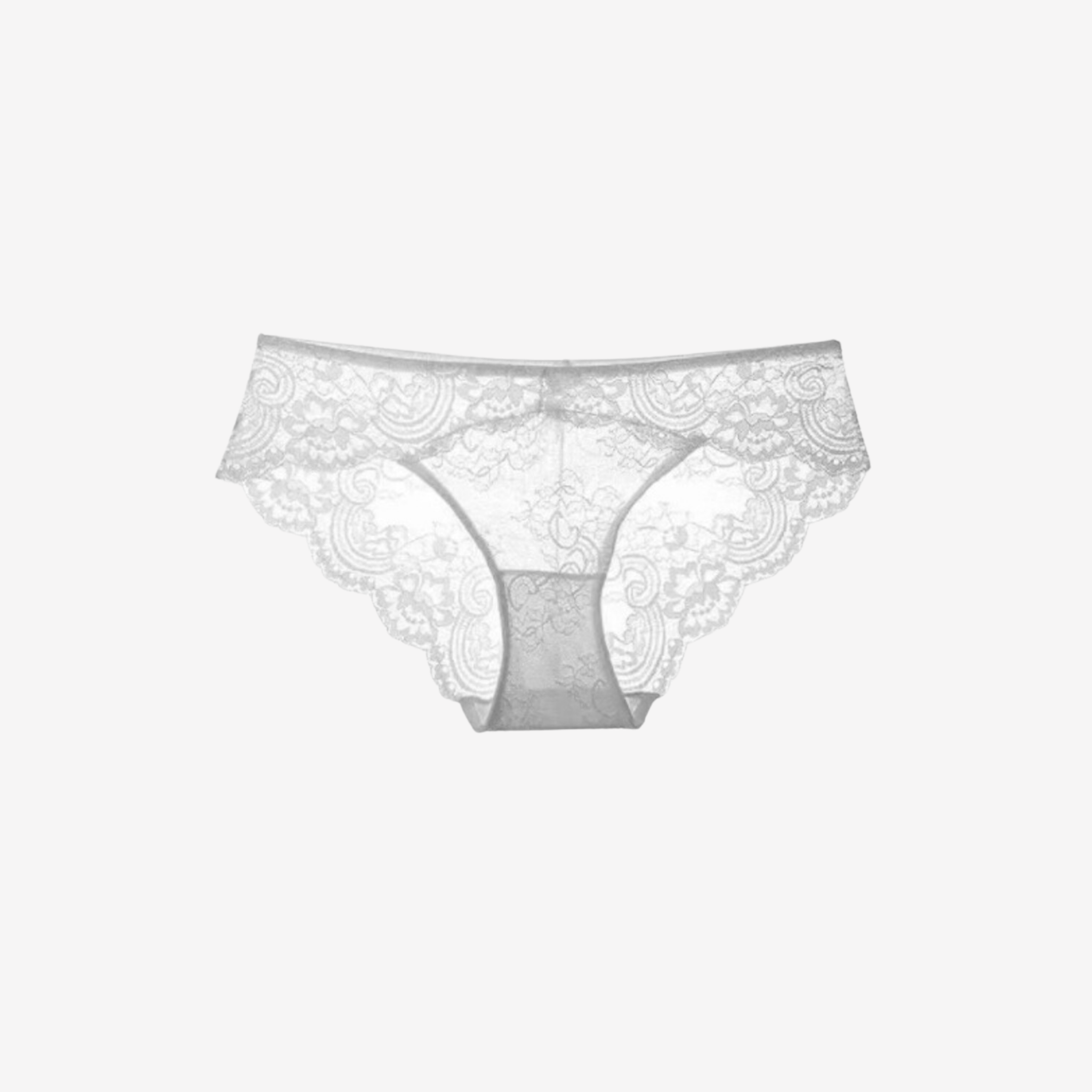 Snowy Queen Lace Brazilian Brief in white floral lace with scalloped edges, a seductive sheer lace back, and soft, breathable fabric for ultimate comfort.