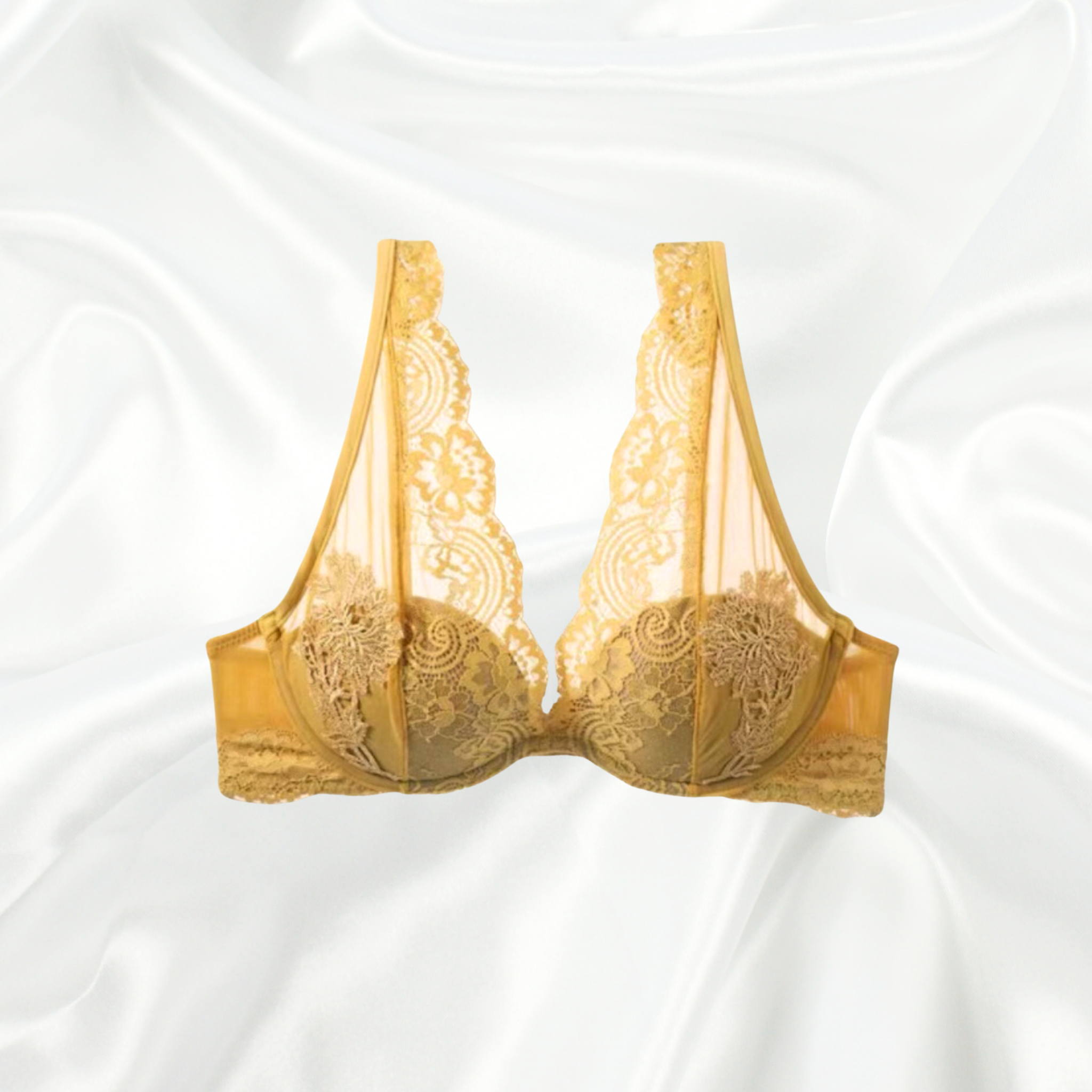 Sunset yellow floral lace bralette with a plunging neckline and underwired cups for enhanced shape and support.