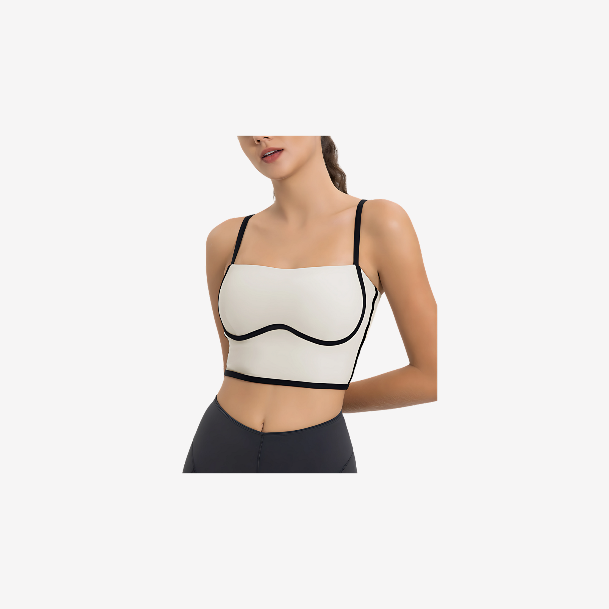 Model in White Square Neck Corset Top by Intyra, designed with contrast piping, premium stretch fabric, and a flattering fit, perfect for workouts or casual wear.