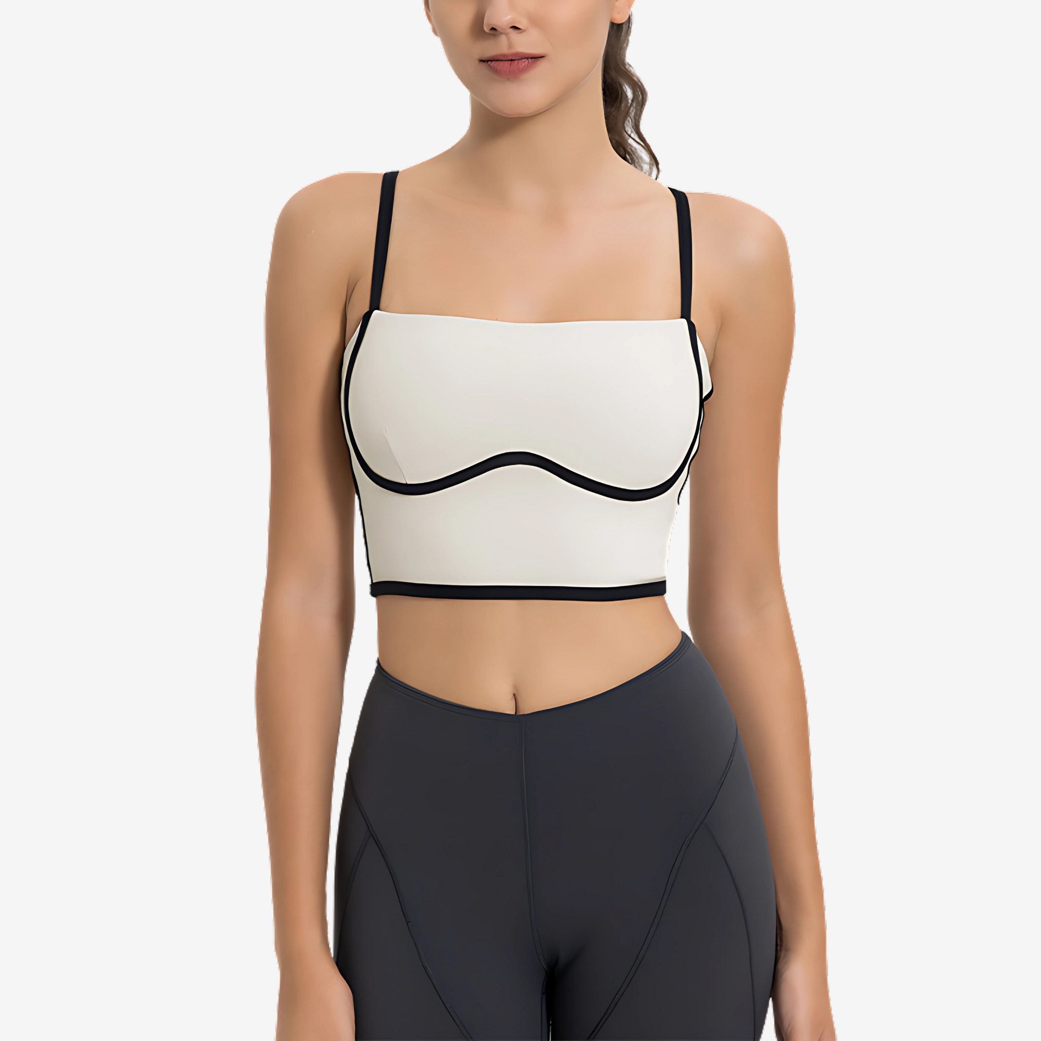 Model in White Square Neck Corset Top by Intyra, designed with contrast piping, premium stretch fabric, and a flattering fit, perfect for workouts or casual wear.