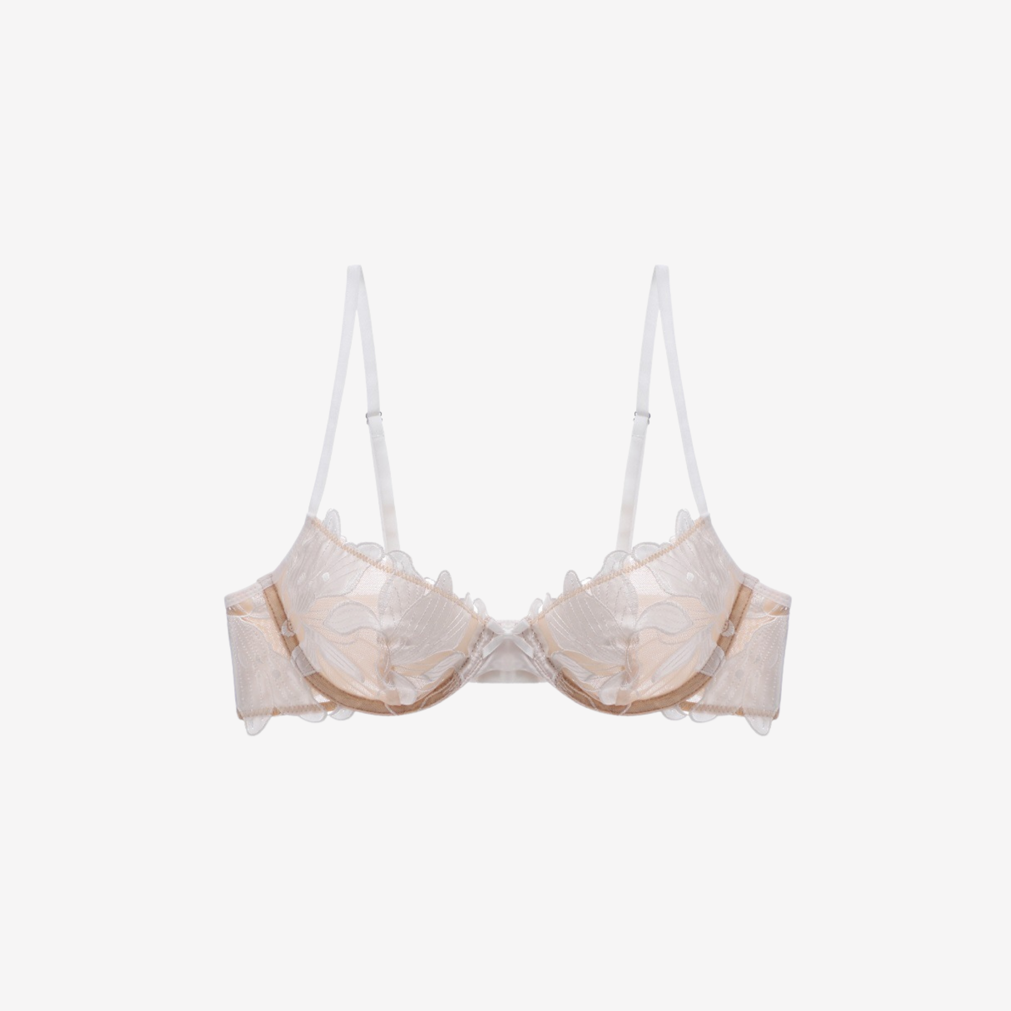 White lace balconette bra with floral embroidery and mesh details – Intyra luxury lingerie.
