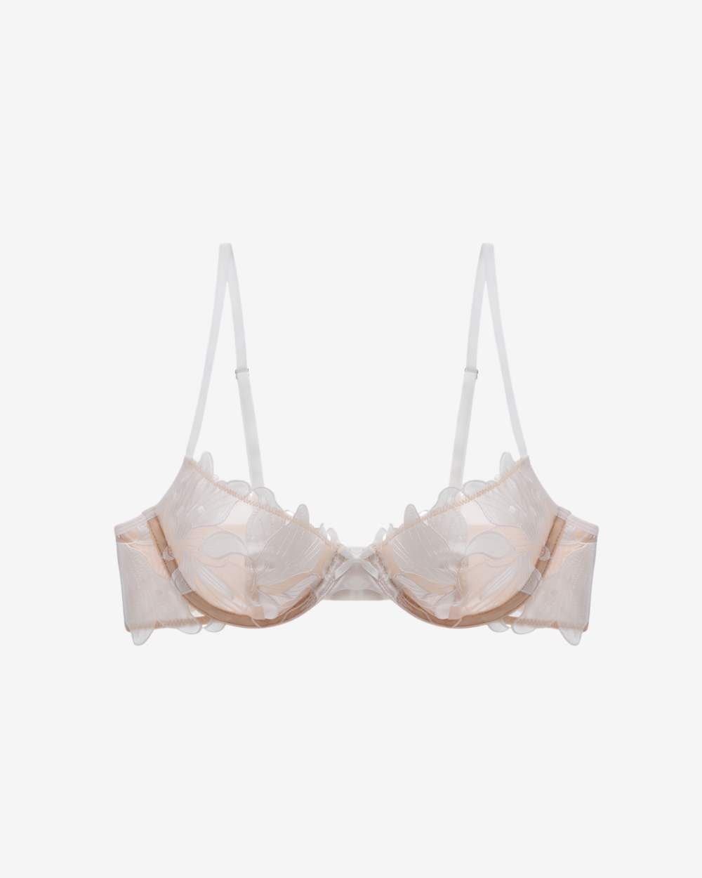 Allure White Lace Balconette Bra featuring floral embroidery and sheer mesh detailing on a white background.