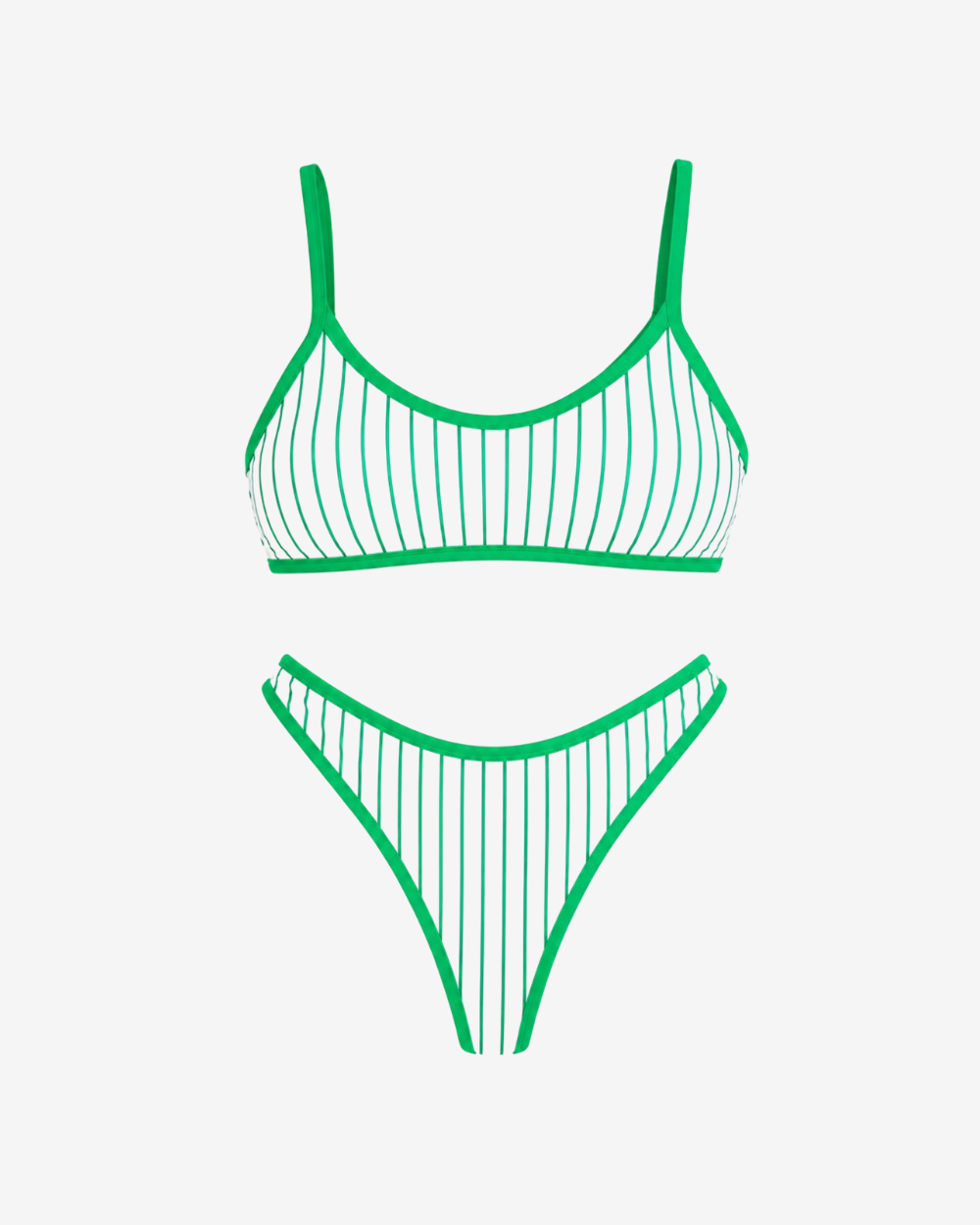 Close-up of green and white pinstripe detailing on the Coastal Elegance Striped Bikini Set.